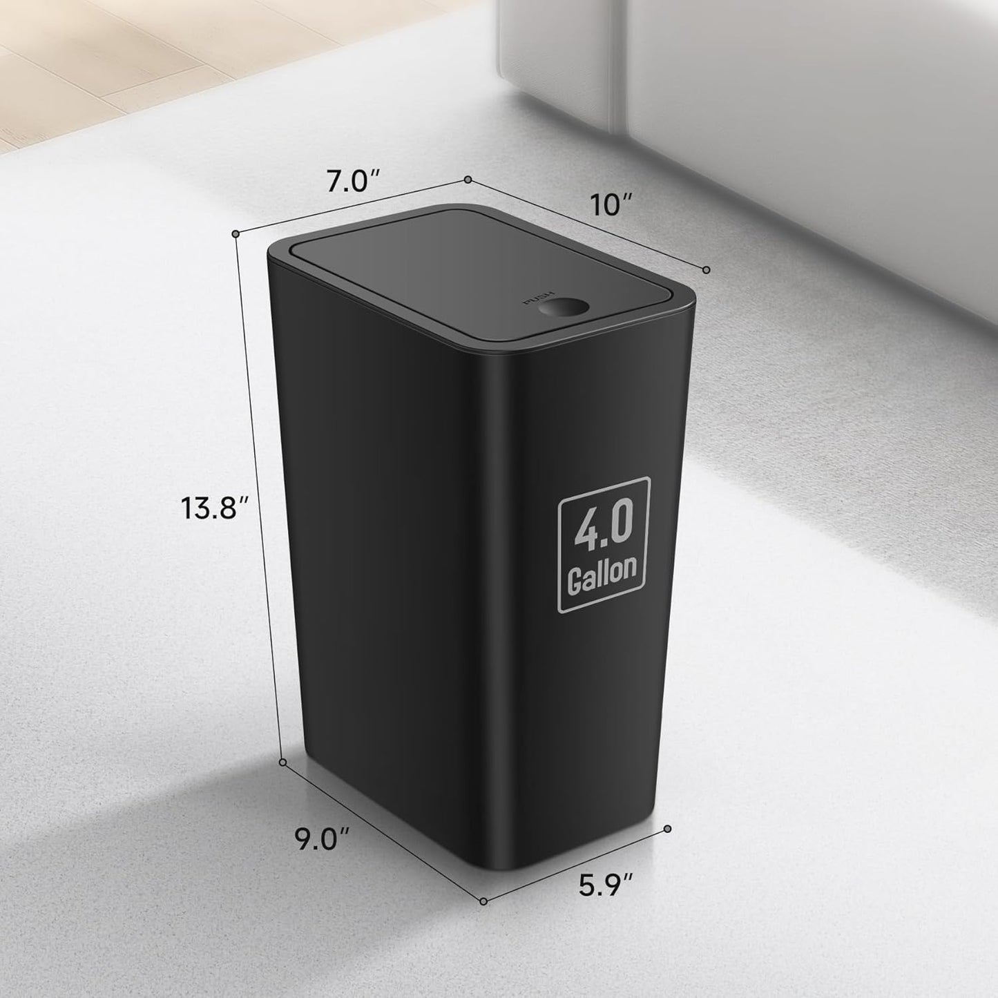 TIPGO Bathroom Trash Can with Lid, 4 Gallon / 15 Liter Small Garbage Can, Press Top Bin, Plastic Wastebasket with Pop-Up Lid for Bedroom, Living Room, Office (Black)