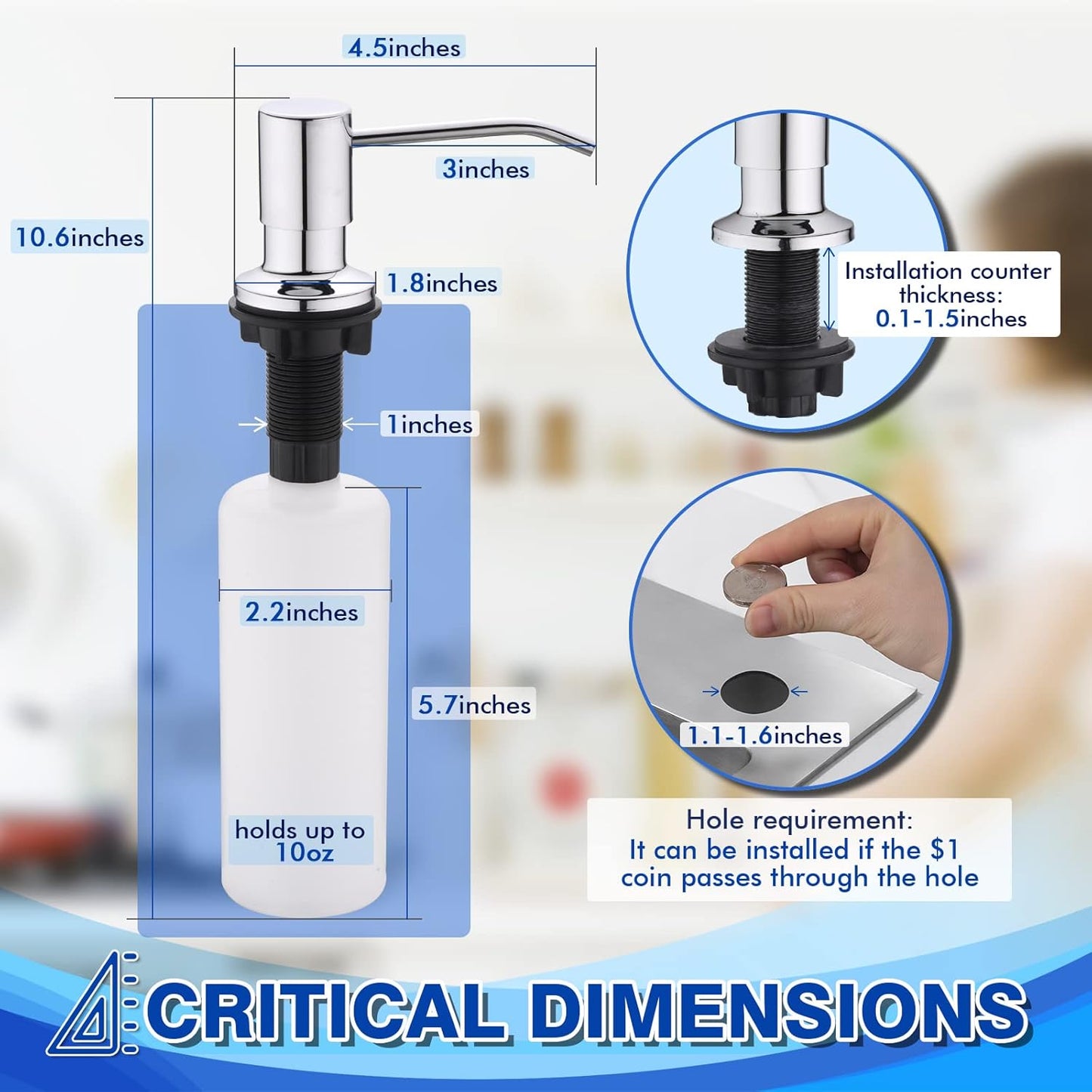 Chrome Soap Dispenser for Kitchen Sink, WEWE Kitchen Sink Soap Dispenser Built in for Counter Top Refillable Under Sink in Sink Soap Dispenser Stainless Steel Polished Chrome