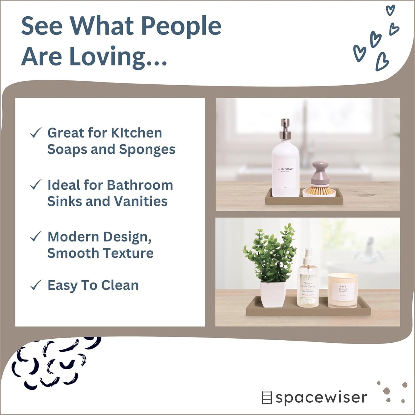 Countertop and Vanity Tray - 2 PC (11” and 7”) Shatterproof Silicone Kitchen and Bathroom Trays for Counter, Kitchen Soap Dispenser Tray, Vanity Trays for Bathroom, Perfume Key Tray