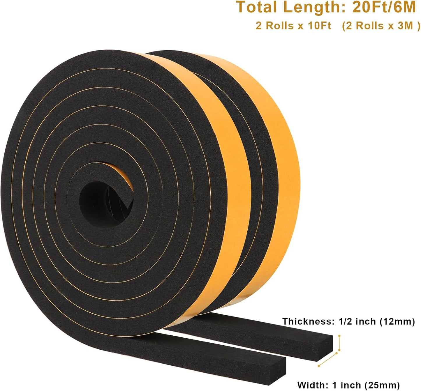 Weather Stripping Soundproof 1 in x 1/2 in, Weatherproof Foam Insulation Tapes, High Density Weatherstrip Seal Strips for Sliding Door Window, 2 Rolls Total 20Ft