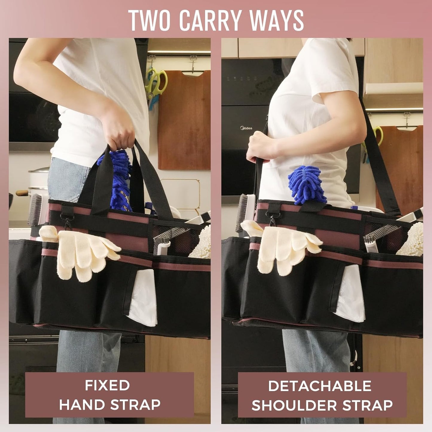 Wearable Cleaning Caddy, Cleaning Caddy Supplies Organizer with Handle & Shoulder Straps for Housekeepers, Under Sink & Car Cleaning Tool Organizers Bag with 4 Foldable Divider (LotusPink)