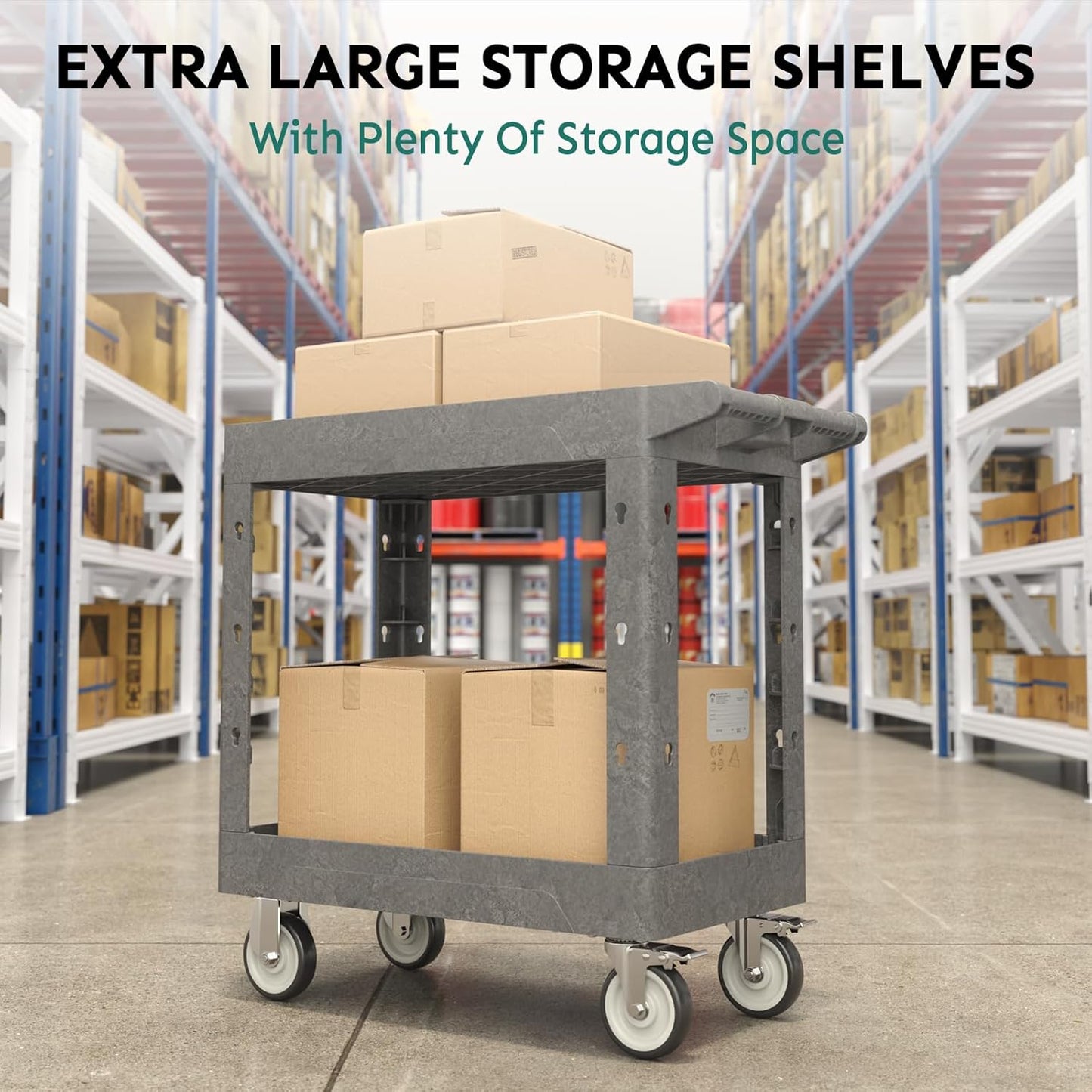 Utility Cart on Wheels, 1000 lbs Capacity Rolling Service Cart, 34 x 17 Inch Work Carts, 2 Shelf Heavy Duty Plastic Tool Cart, Lipped Shelves, for Warehouse, Garage, Cleaning, Gray