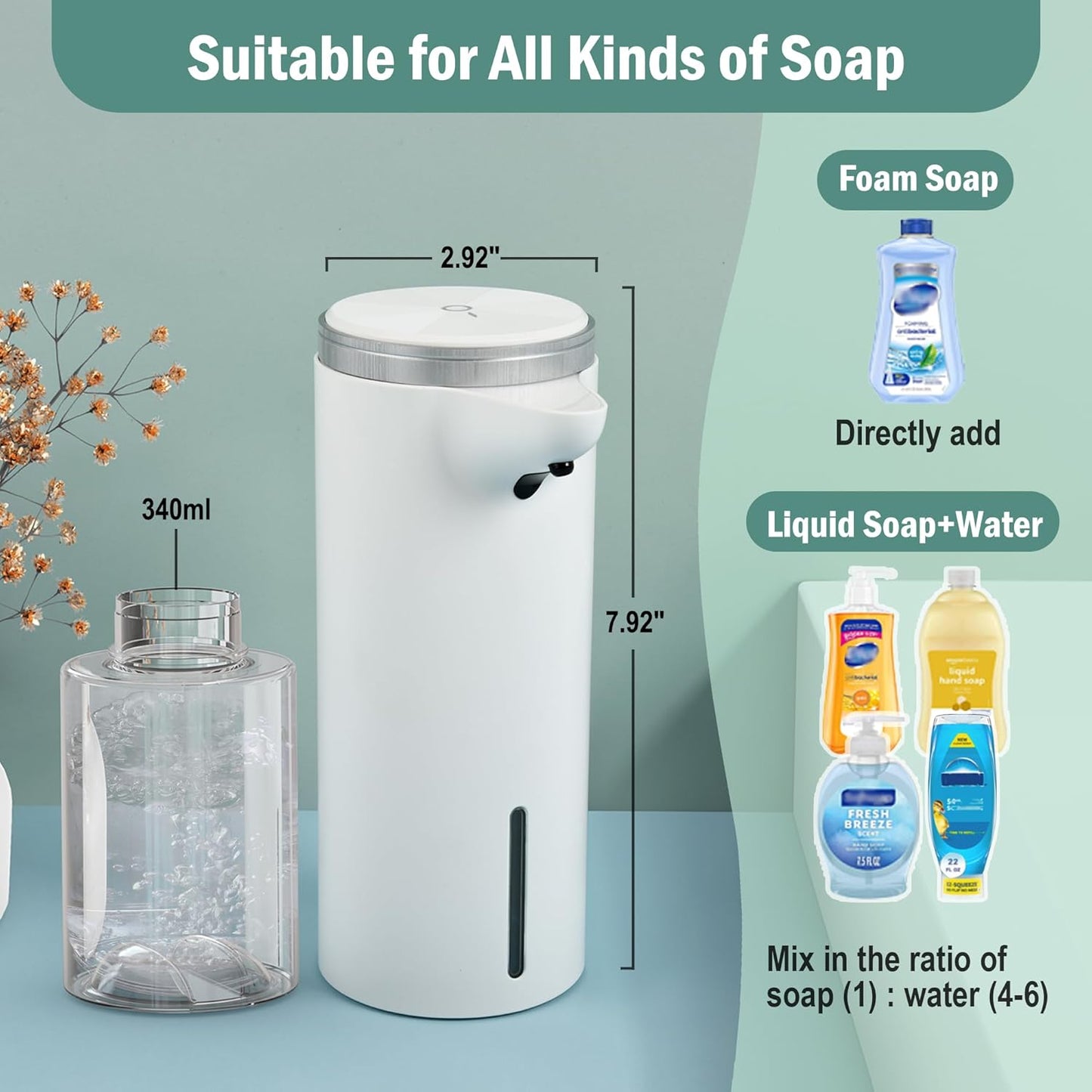 Automatic Foaming Soap Dispenser (Upgrade Auto & Manual Modes) - Adjustable Foam Volume - IPX7 Waterproof -1500mAh USB Rechargeable Touchless Hand Soap Dispenser