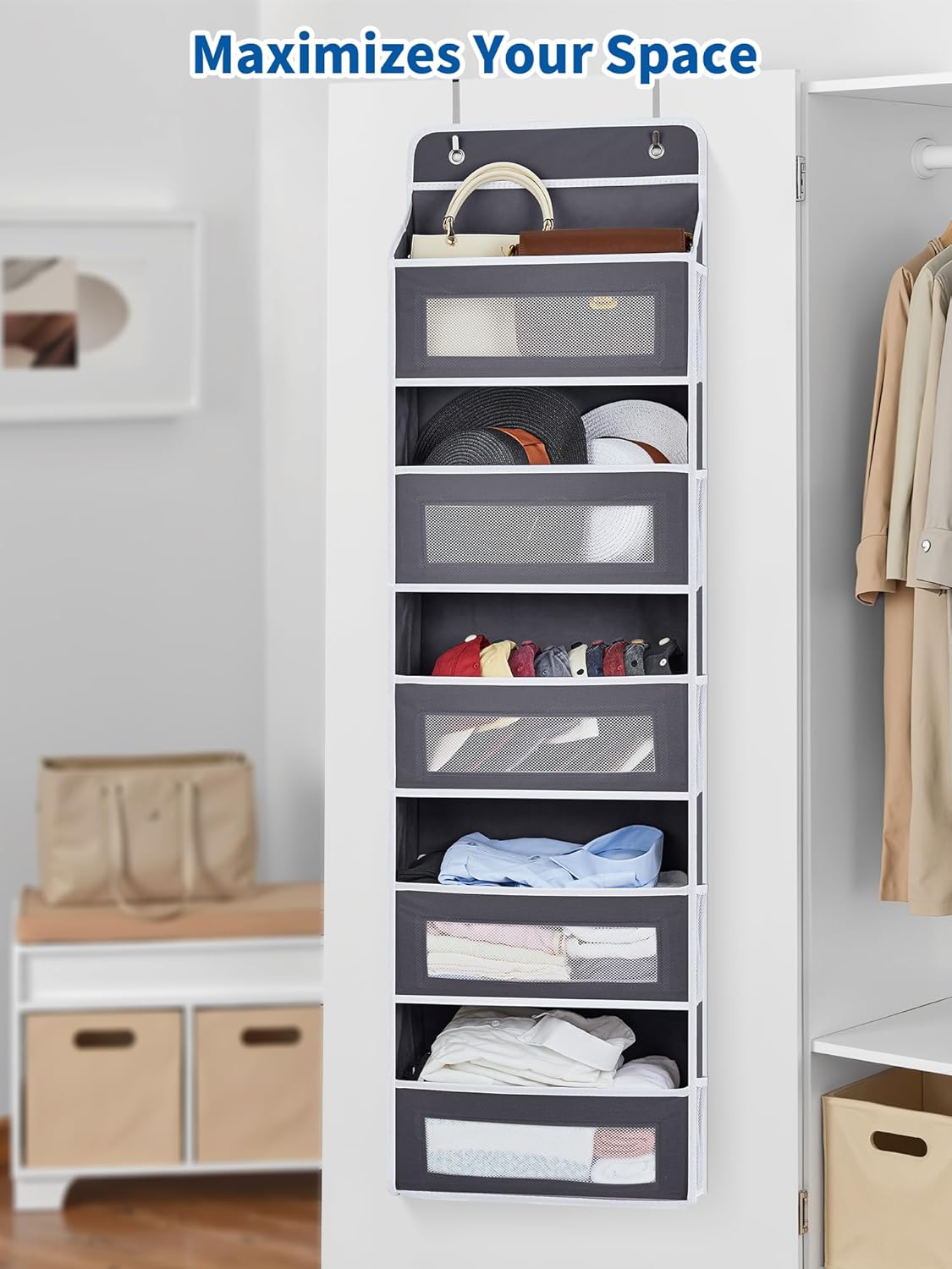 JARLINK 2 Pack Over The Door Organizer, 5 Shelf Door Hanging Organizer with 5 Large Pockets, 44 lbs Weight Capacity Hanging Storage for Bathroom, Bedroom, Nursery, RV, Pantry (Dark Grey)