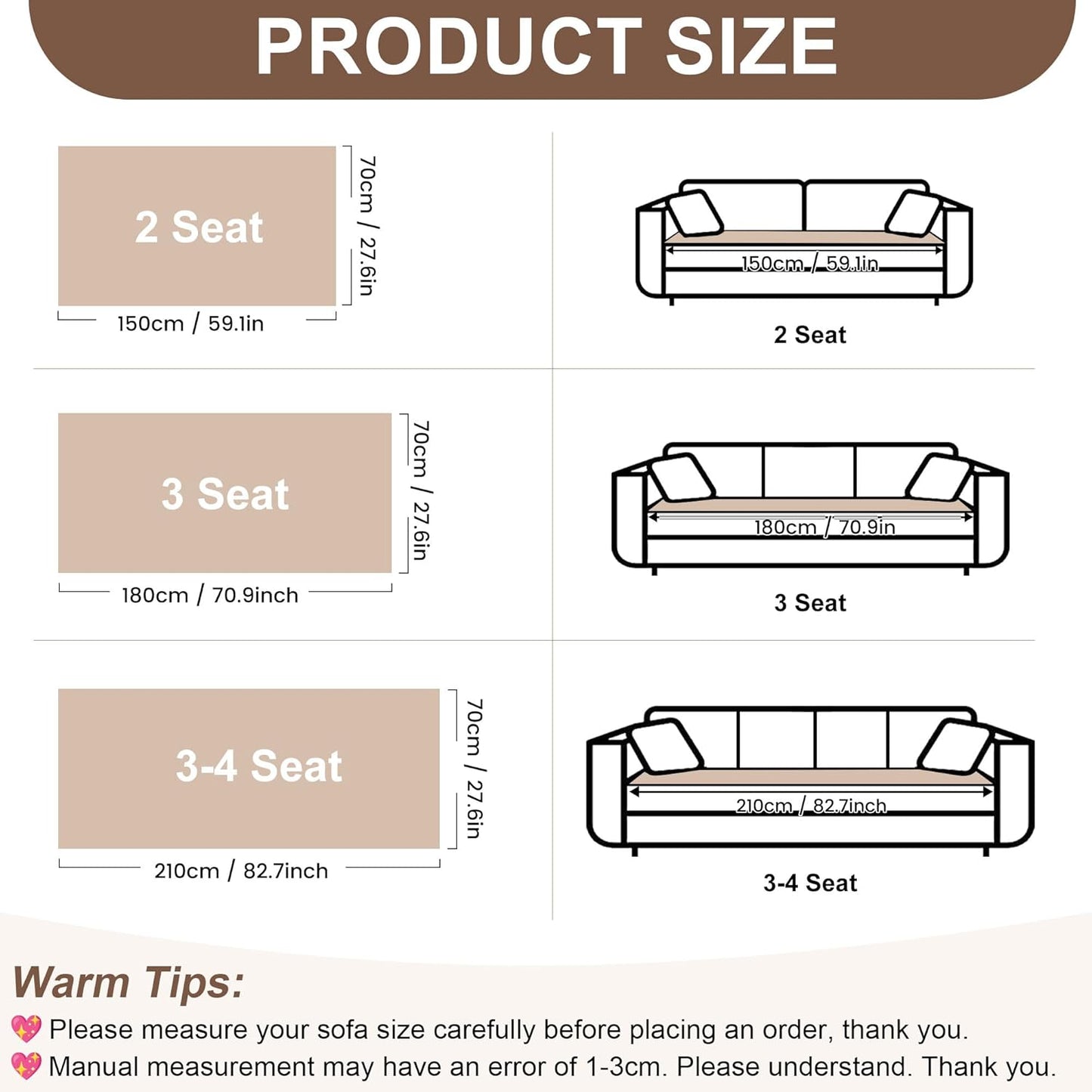 OTOB Sofa Covers for 3 Cushion Couch Washable, All Seasons Fuzzy Non Slip Kids & Pet Friendly Dog Bed Mats Couch Cover, Soft Plush Sofa Slipcovers Furniture Protector (Beige, 27.6" x 70.9'')
