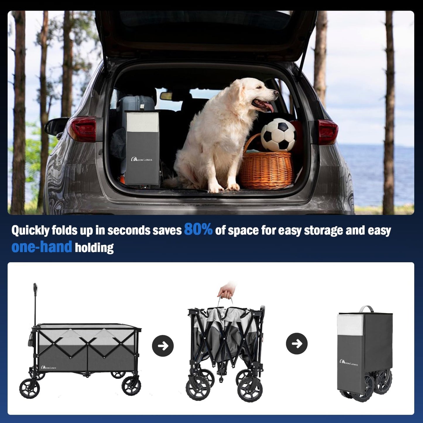 Moon Lence Collapsible Folding Wagon Cart Heavy Duty Folding Garden Portable Hand Cart with All-Terrain Beach Wheels, Adjustable Handle & Drink Holders (Grey & Ivory)