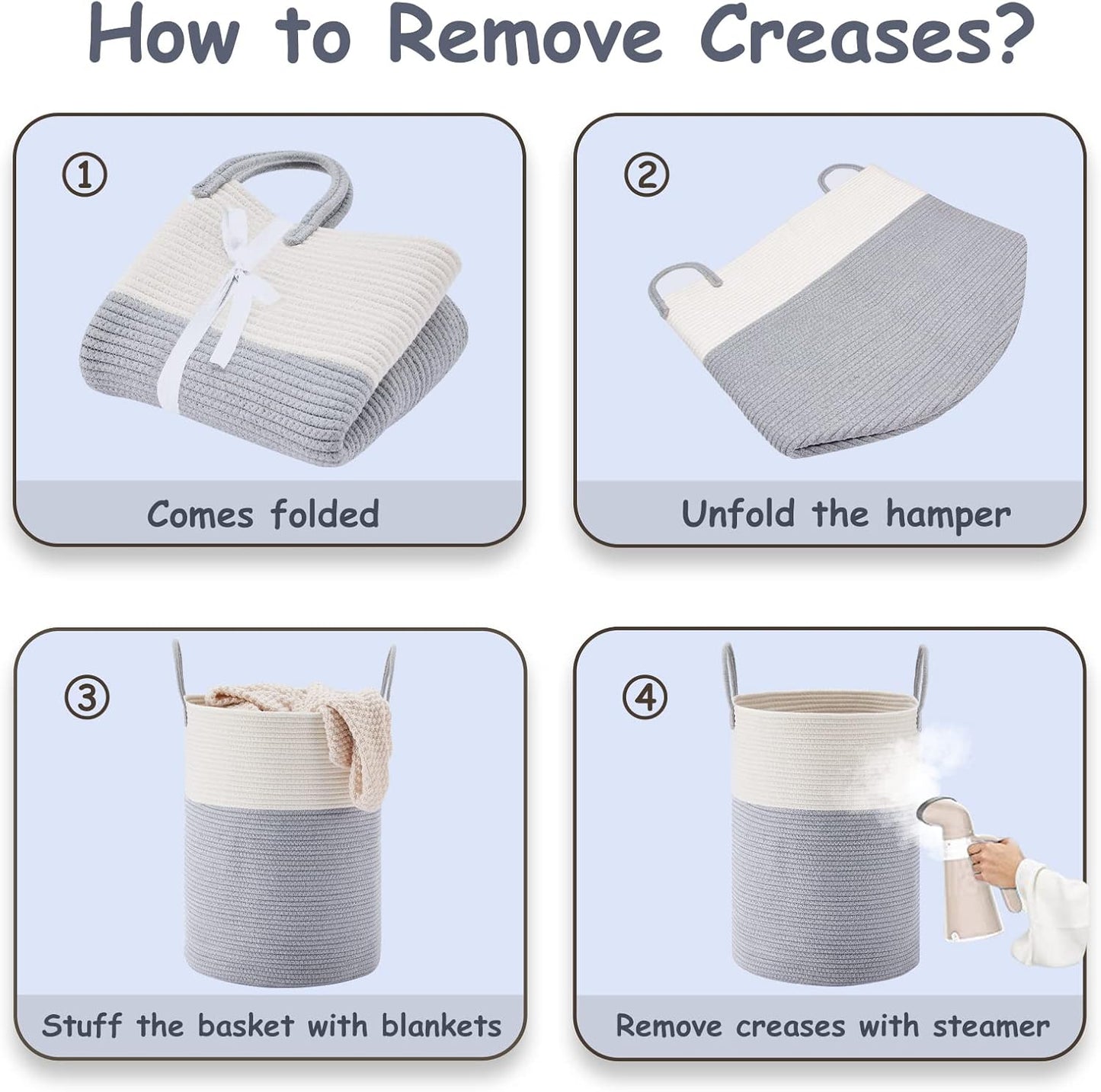 VIPOSCO Large Laundry Hamper, Tall Woven Rope Storage Basket for Blanket, Toys, Dirty Clothes in Living Room, Bathroom, Bedroom - 100L Grey & White