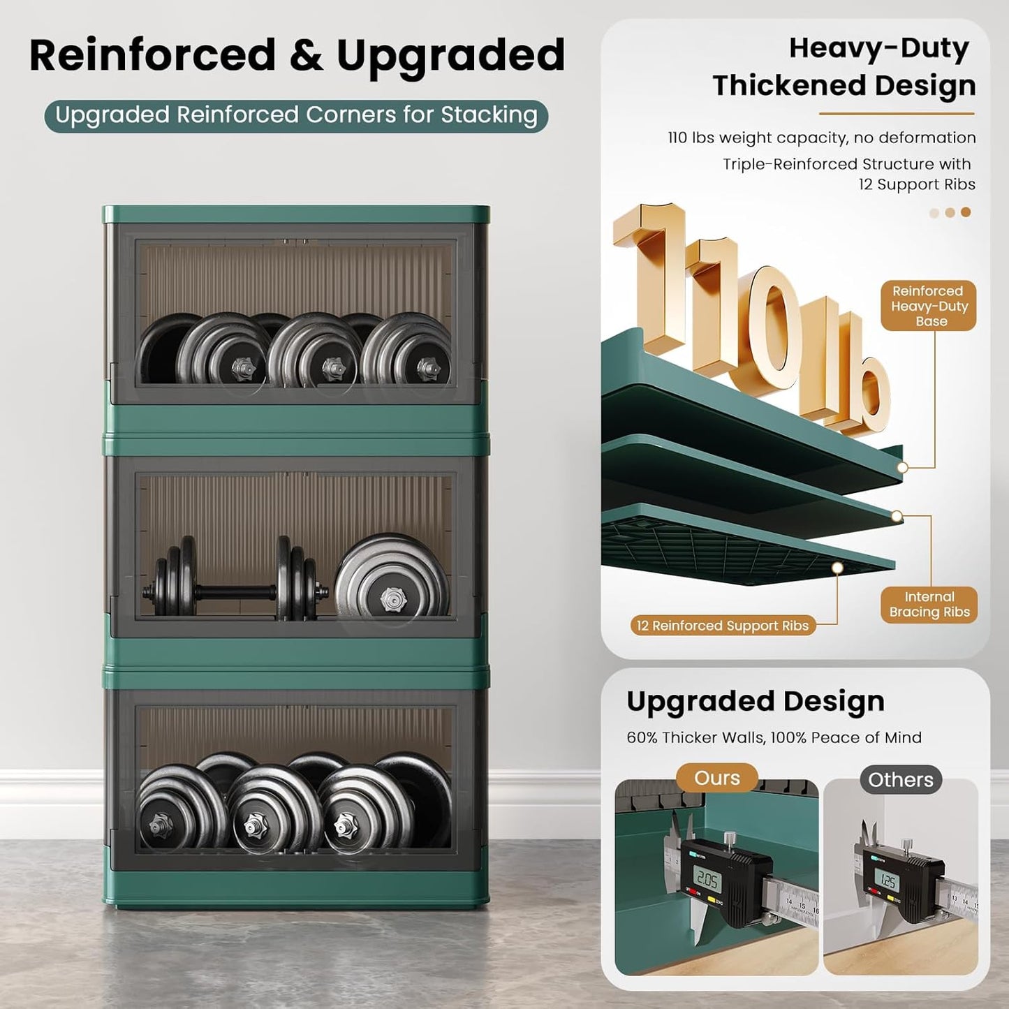 8.4Gal Collapsible Storage Bins with Lids & Wheels - 2 Pack Stackable with Doors, Heavy-Duty Plastic Containers for Home/Office, Green