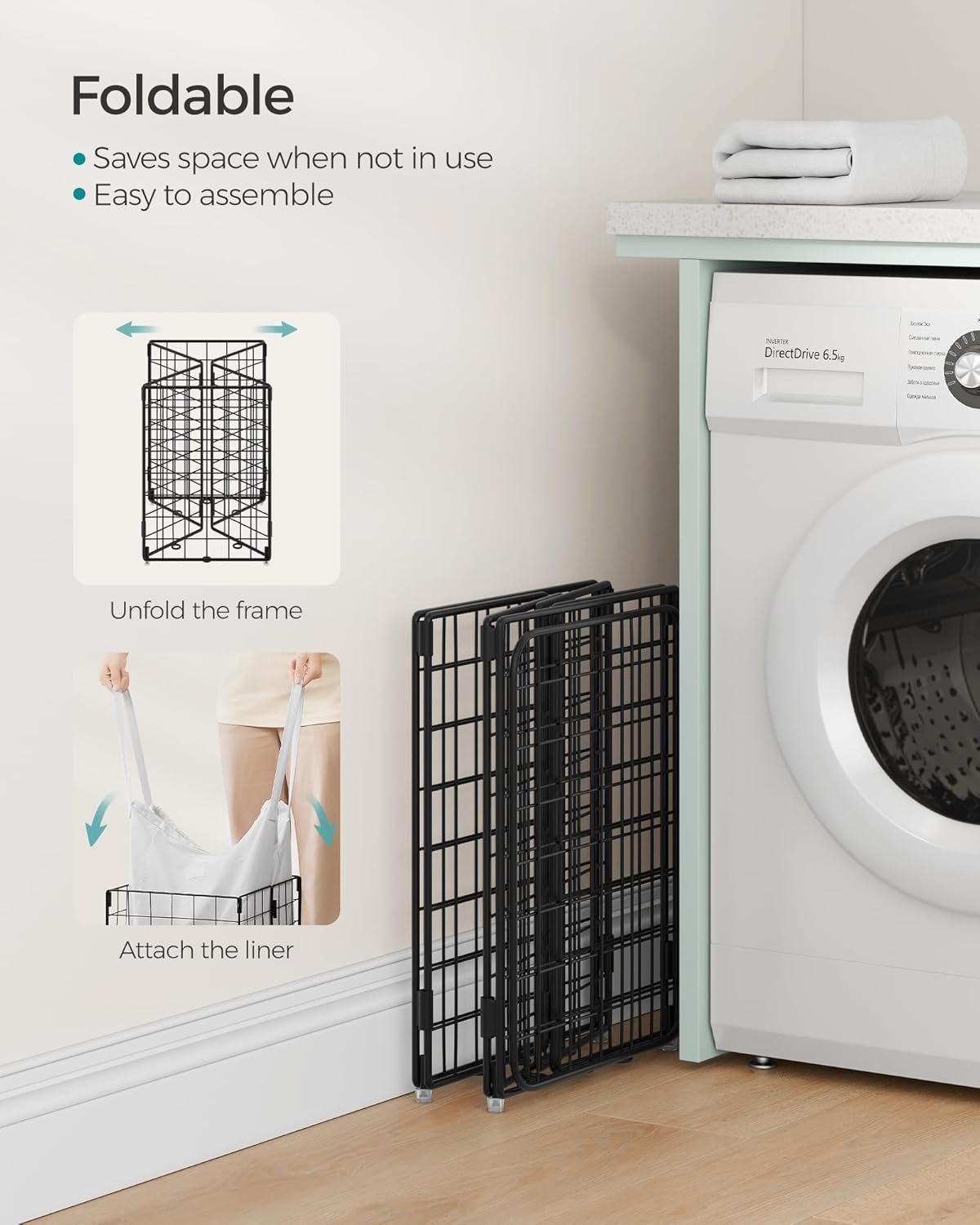 SONGMICS Laundry Hamper, 11 Gal. (50L) Laundry Basket, Collapsible Clothes Hamper, Removable and Washable Liner, Metal Wire Frame, for Bedroom Bathroom, Cream White ULCB150W01