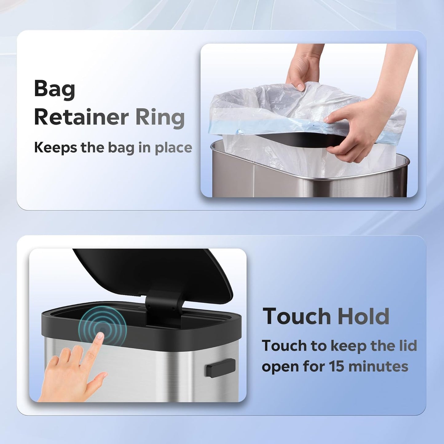 WLIVE 13 Gallon Trash Can, 50 Liter Large Capacity Motion Sensor Automatic Trash Cans Touchless with LED Indicator, Brushed Stainless Steel Finish Garbage Cans for Kitchen, Office, School, Silver