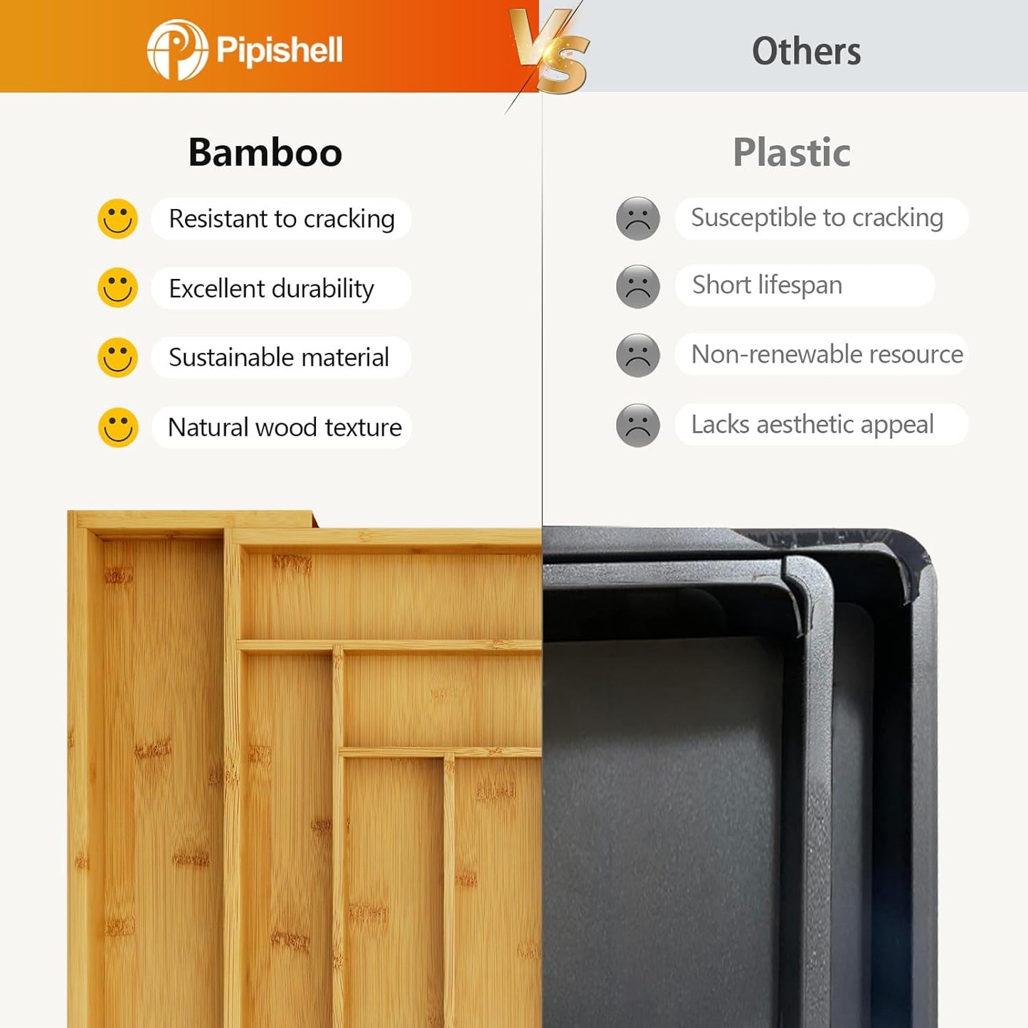 Pipishell Bamboo Silverware Organizer, Expandable Cutlery Tray, Utensil Drawer Organizer in Kitchen for Spoons Forks Knives, Multipurpose Use, Natural, Large