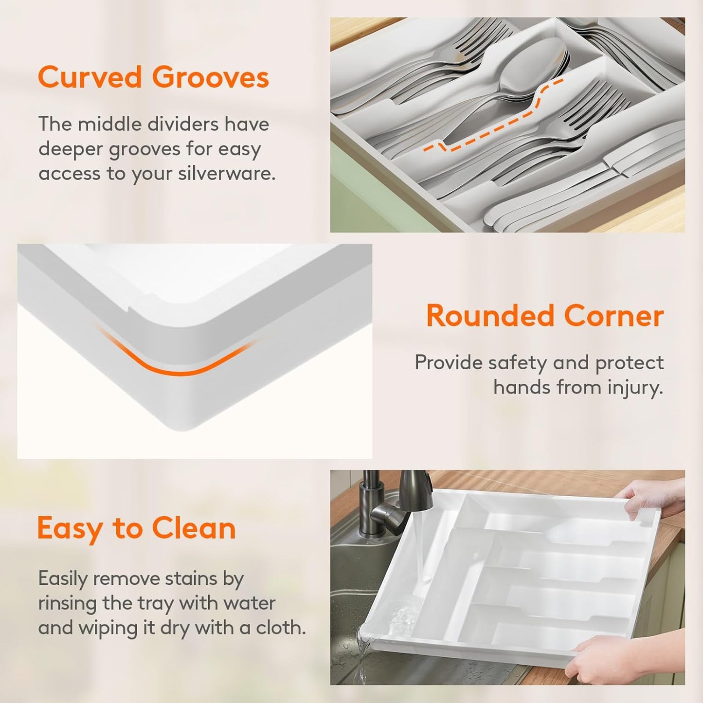 Lifewit Silverware Tray, Deep Wide Cutlery Drawer Organizer Storage for Kitchen, Plastic Flatware Utensil Holder Divider for Spoons Forks Knives Tableware, 6 Compartment, White