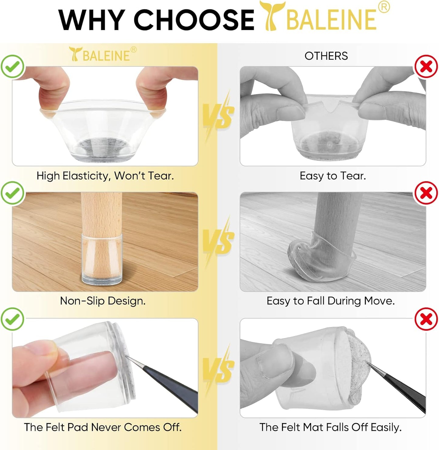 BALEINE 16 Pack Silicone Chair Leg Floor Protectors, Stool Leg Protectors Cap, Non-Slip Chair Leg Caps for Hardwood Floors (Clear Combo 16 Pack)