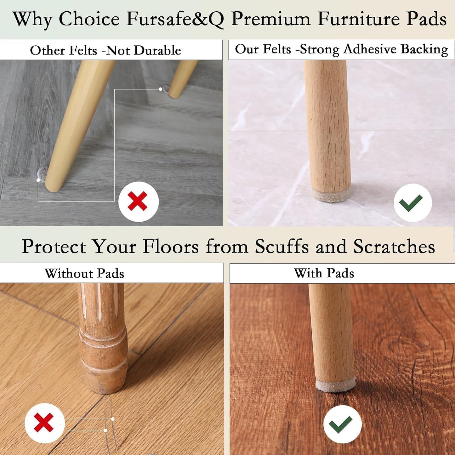 Fursafe&Q Felt Furniture Pads for Hardwood Floors - Self Adhesive Chair Felt Pad, Furniture Feet Floor Protectors, Protect from Nicks, Dents and Scratches, Cabinet Door Bumper128 Pcs Chair Feet