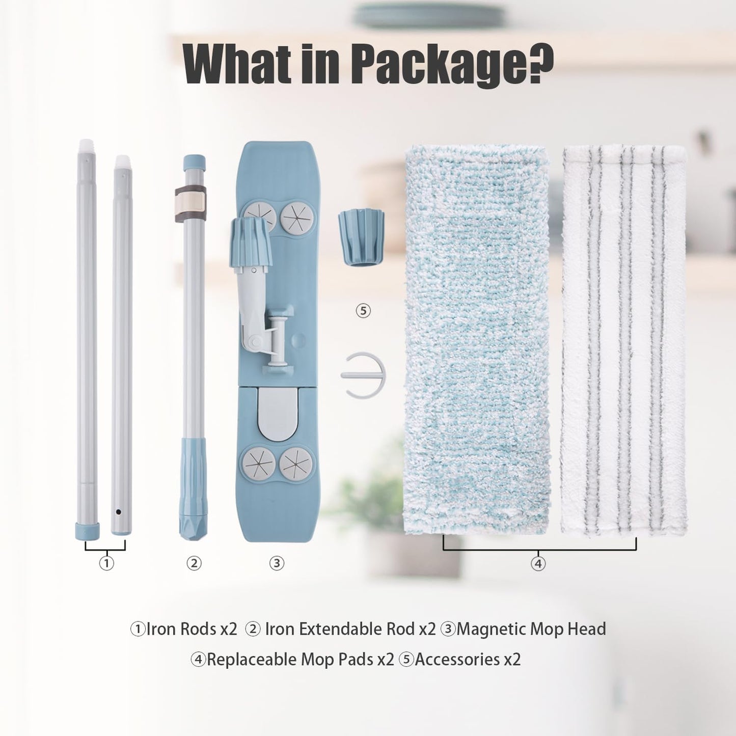 Dust Mop for Floor Cleaning,Magnetic Floor Flat Mop with 2 Washable Pads -Extendable 64‘’ Iron Handle for Hardwood Tile Marble Laminate Floors,Blue&Gray