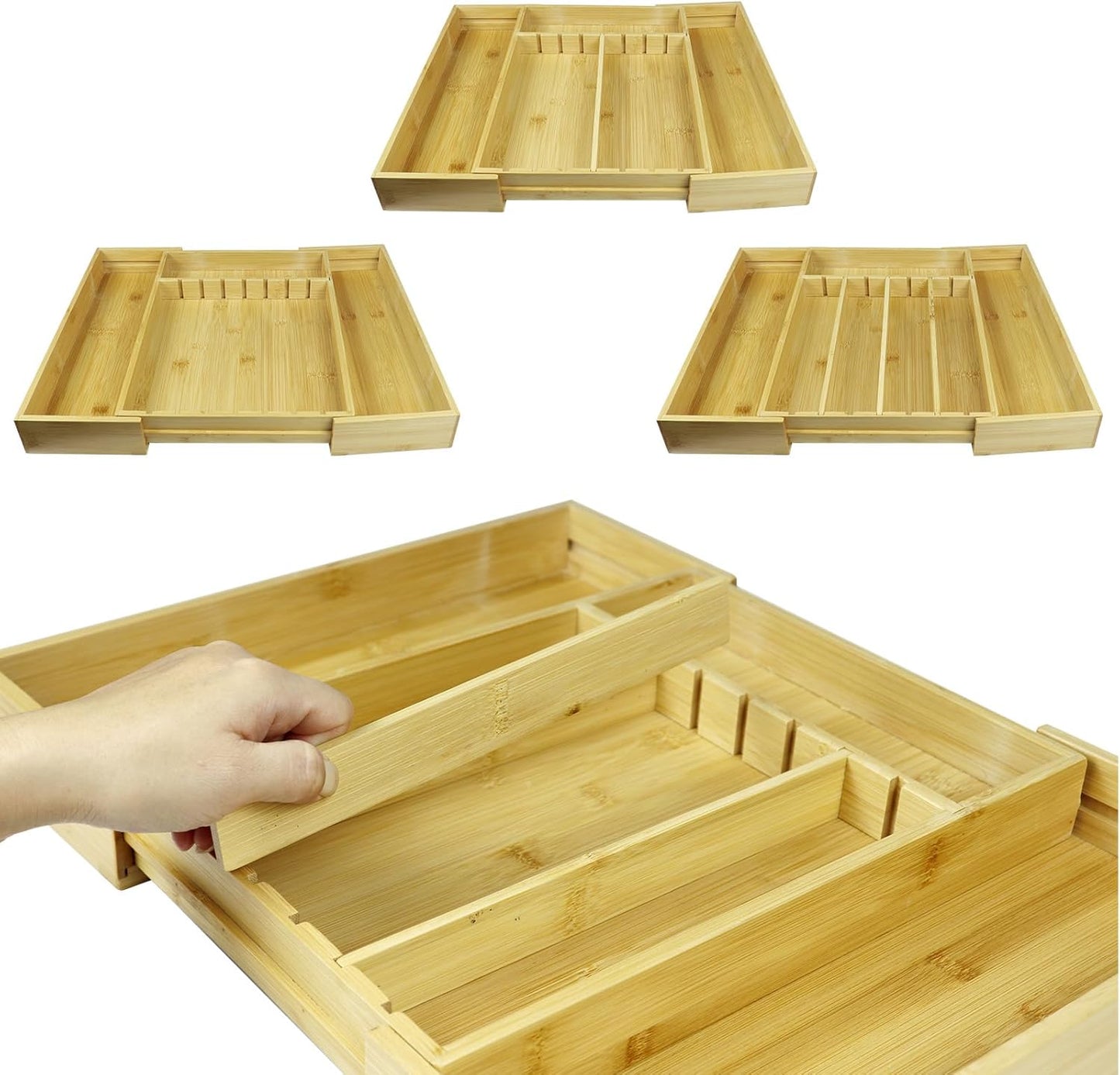 Kitchen Bamboo Silverware Drawer Organizer - Expandable Utensil Organizer for Flatware, Adjustable Cutlery & Knives. Ideal Utensil 7 Slots Total Drawer Organizer for Kitchen, Natural