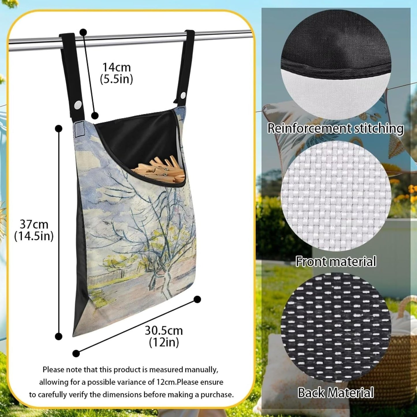 Weather Resistant Clothespin Storage Bag - Outdoor Hanging Organizer with Windproof Features - Large Capacity 14.5x12 Inch Polyester Pouch for Clothes Pins Peach Tree in Bloom Print