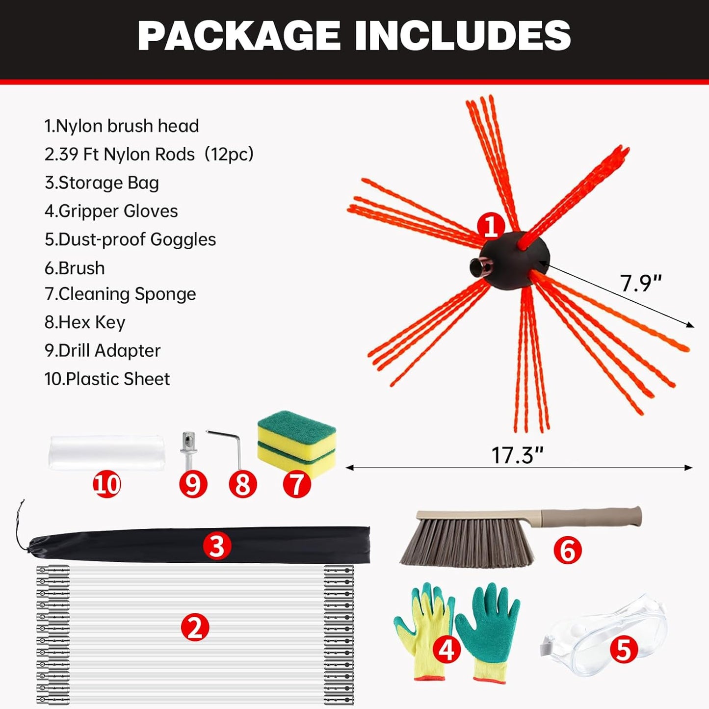 39 Feet Chimney Sweep Kit, Chrome Button Locking System, Chimney Cleaning Kit, Chimney Brush, Chimney Cleaning Tool, Chimney Cleaning System with 12 Flexible Chimney Rods