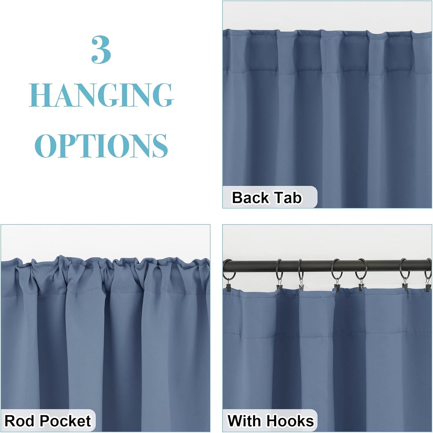 RYB HOME Privacy Window Curtain 63 inches 2 Panels Set, Solid Room Darkening Curtains & Drapes Energy Saving Privacy Farmhouse Decor for Bedroom Bathroom Kitchen, Stone Blue, W42 x L63 inch