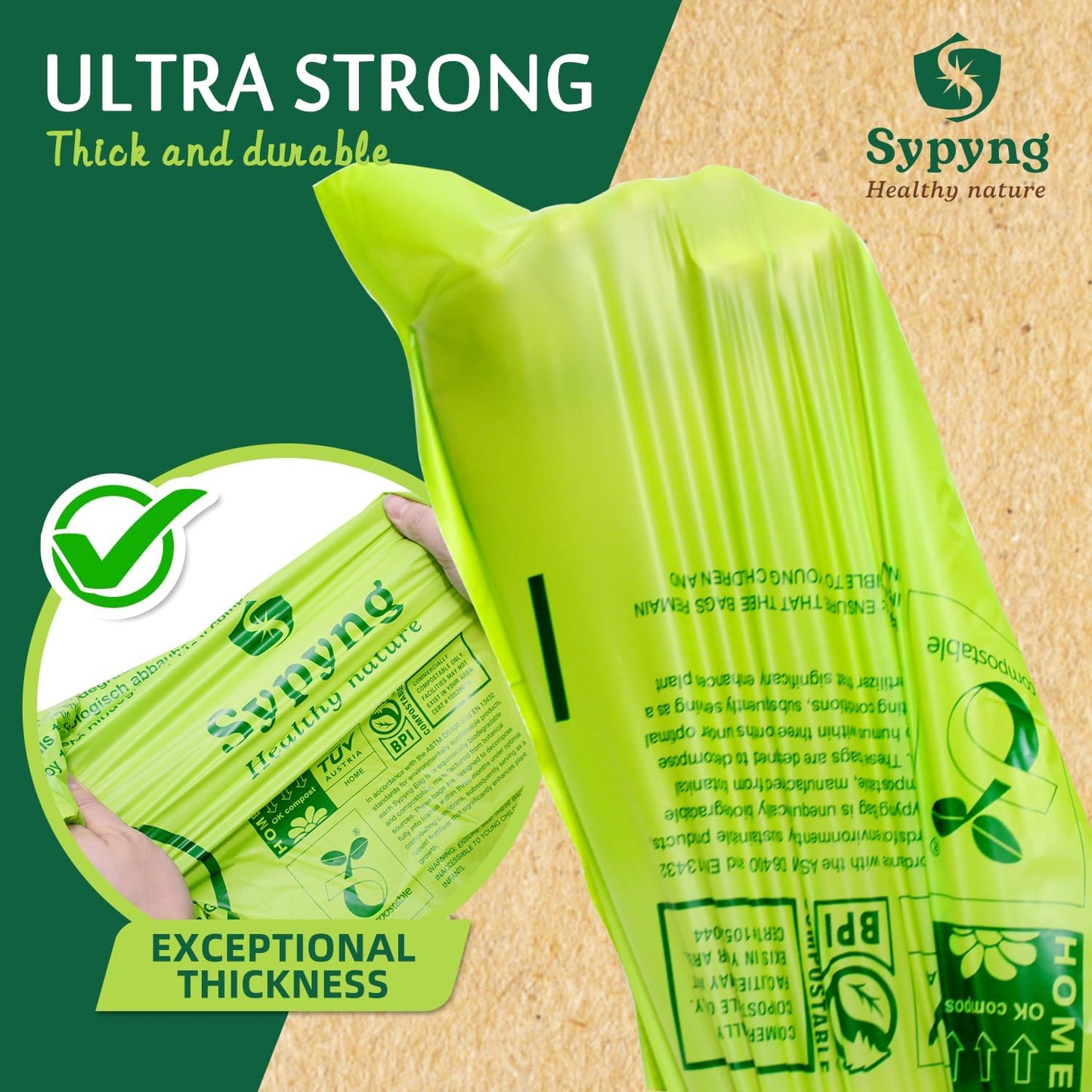 Compostable Kitchen Trash Bags 8-10 Gallon (50-Pack) – Heavy-Duty, 1.1 Mil Thick, 100% Biodegradable Bag for Medium to Large Bins. ASTM D6400, BPI & OK Compost HOME Certified Eco-friendly & Recyclable