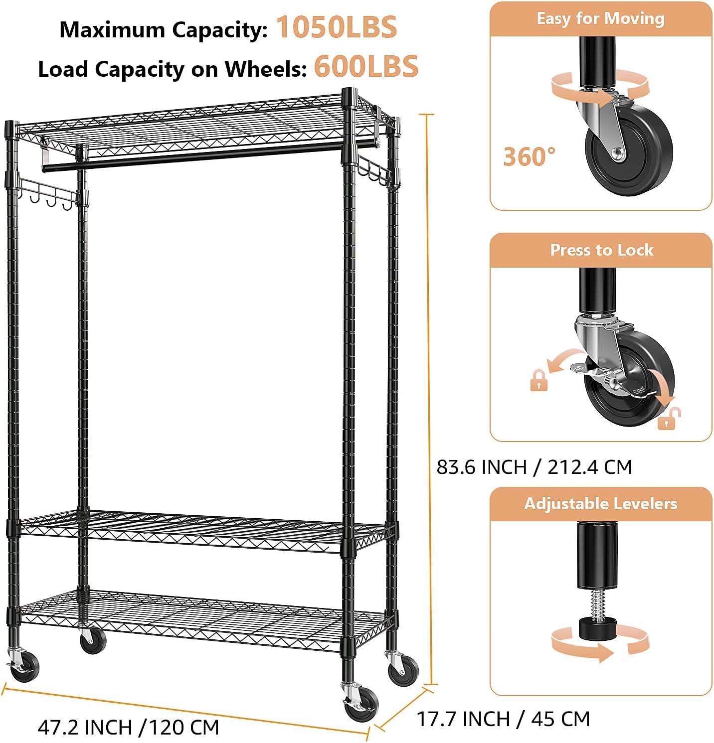 Heavy Duty Rolling Garment Rack 3 Tiers Adjustable Wire Shelving Clothes Rack with Rods and Side Hooks,Storage Closet Clothing Rack with Wheels Black 17.7" D x 47.2" W x 83.6" H