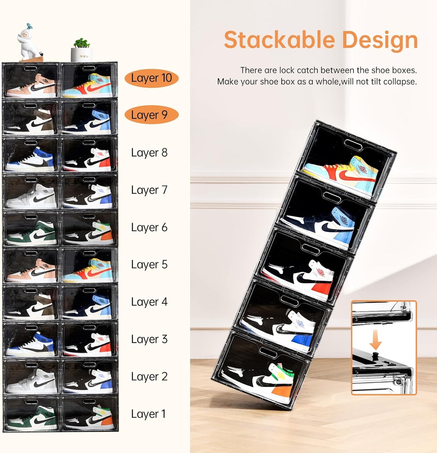 New 8 Pack Shoe Boxes Stackable, Large Shoe Storage Organizer with Lids,Drop Side Shoe Containers for Entryway,Sneaker Storage Fit up to US Size 13 for Men/Women(13’’x 10.6”x 8.3”)