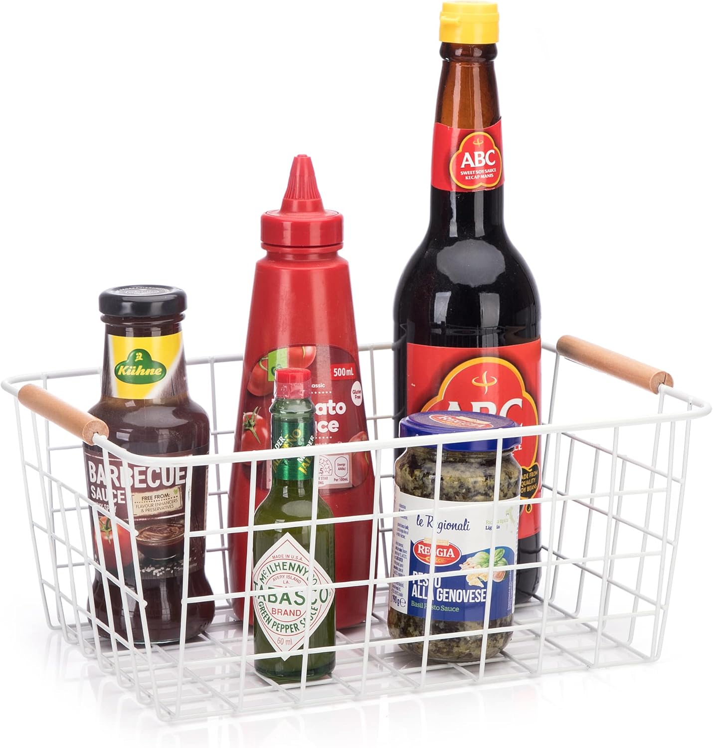 Metal Wire Food Storage Basket Organizer with Wooden Handles for Organizing Kitchen Cabinets, 2 Packs-White