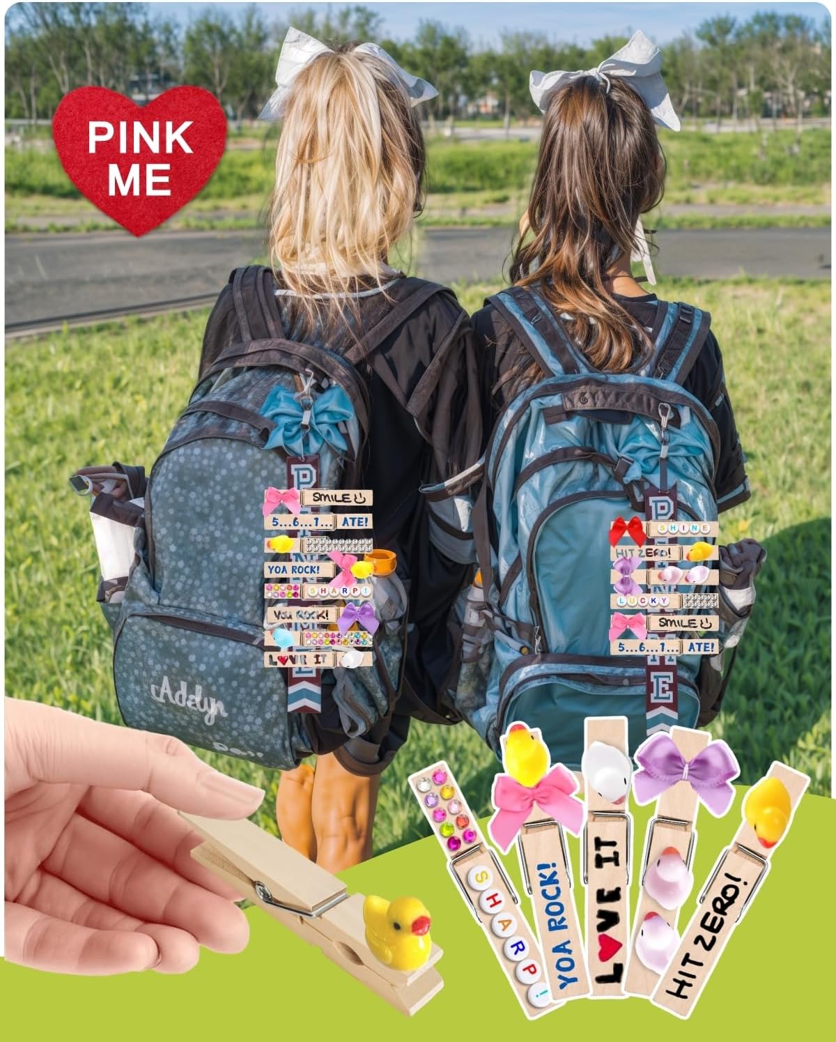 Cheer Pins for Backpack Cheer Stuff Kit 70 Clothes Pins with Mini Resin Ducks Mini Bows Letter Beads Team Cheerleaders Gifts Bulk Pin Me Ribbon for Bag Decorations Spirit Clips Competition Accessories