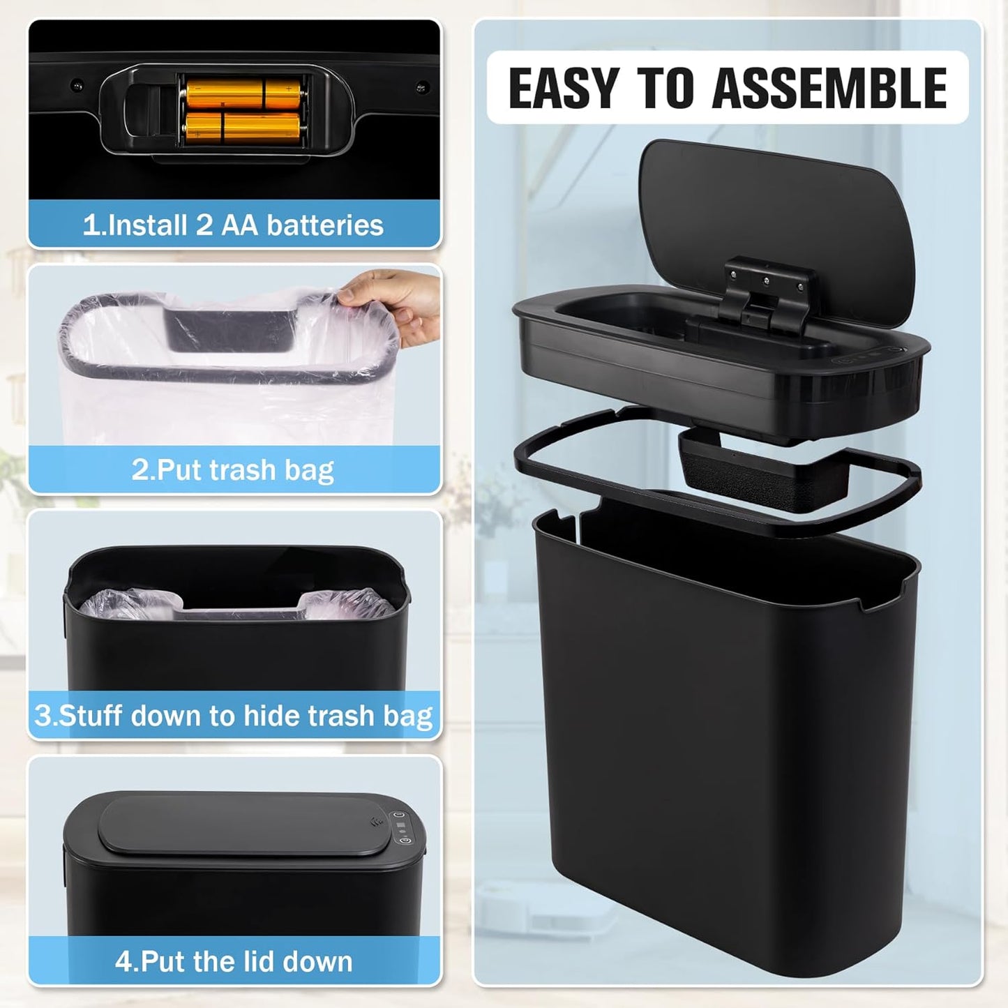 Cesun Motion Sensor Trash Can, 5 Gallon Automatic Bathroom Garbage Can with Lid, Touchless Smart Plastic Slim Wastebasket for Bathroom, Office, rv, Bedroom, Living Room, Black