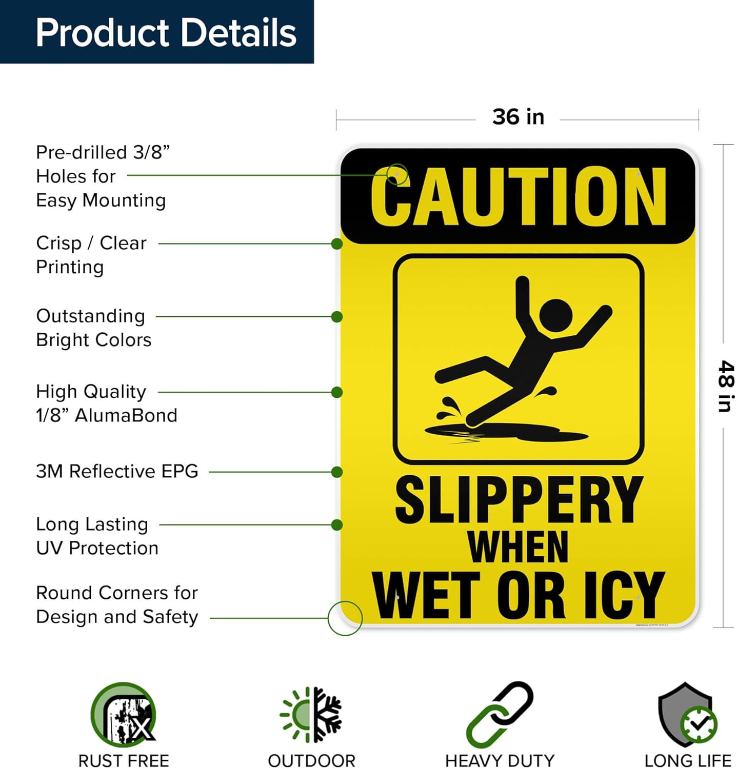 Caution Slippery When Wet Sign or ICY Sign, 36"x48" Aluminum Composite Reflective, Indoor/Outdoor Use, USA MADE By My Sign Center