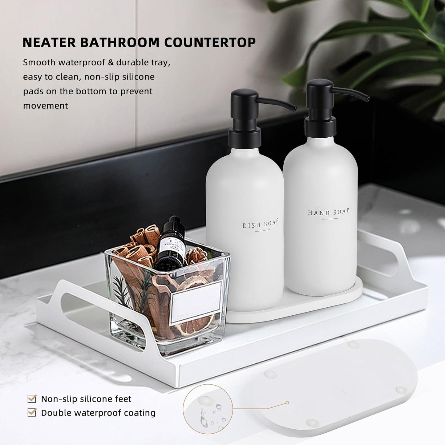 Glass Soap Dispenser - Dish Hand Soap Dispenser for Kitchen Set, Bathroom Soap Lotion Dispenser with 304 Rust Proof Pump, Tray, White Bottle/Black Pump