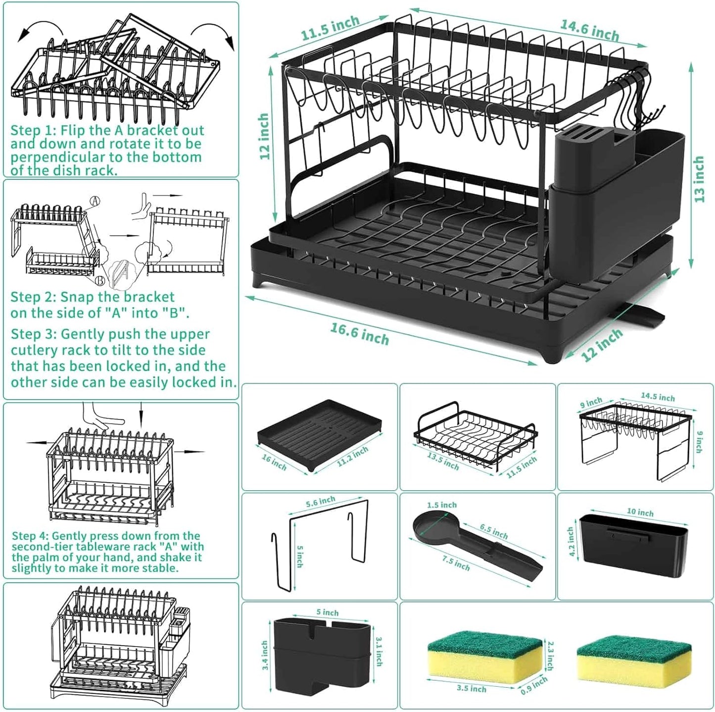 Dish Drying Rack, 2 Tier Large Dish Drying Rack for Kitchen Counter with Drainboard Stainless Steel Dish Drainer for Dish/Knifes/Cup/Cutting Board, Black