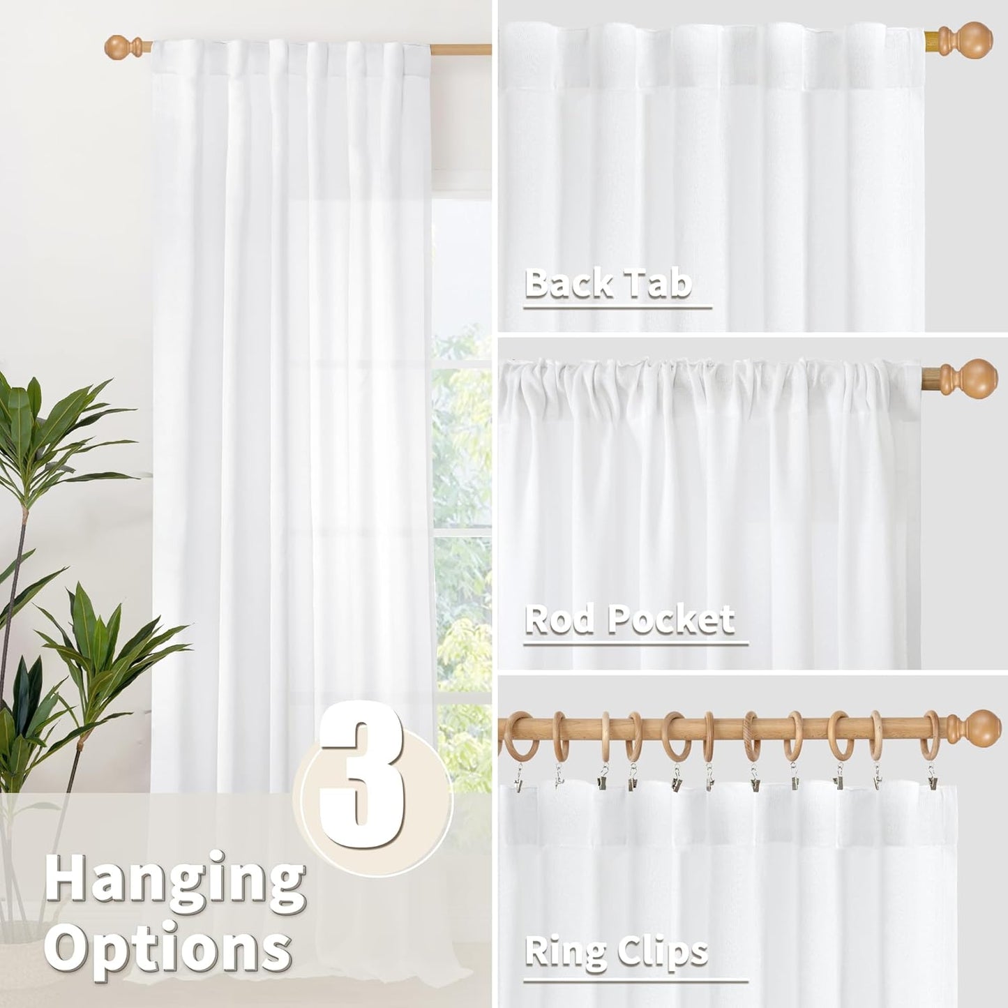 YoungsTex White Linen Cafe Curtains 36 Inch Length 2 Panels - Short Drapes Semi Sheer with Rod Pocket Back Tab Lightweight for Bathroom Kitchen Windows Over Sink, 42 X 36 Inch