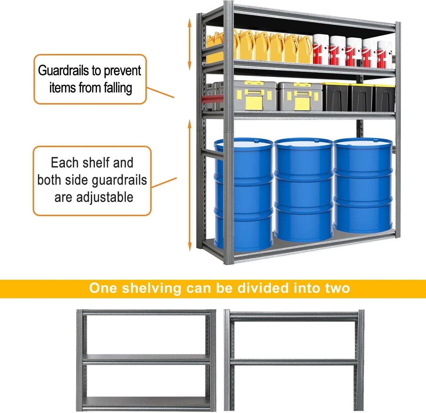 Storage Shelf 5-Tier Garage Shelving, Industrial Shelving with Guardrails, 2500LB Boltless Metal Shelves Heavy Duty for Storage Room, 18" D x 47.2" W x 72" H, Iron Black 2 Pack