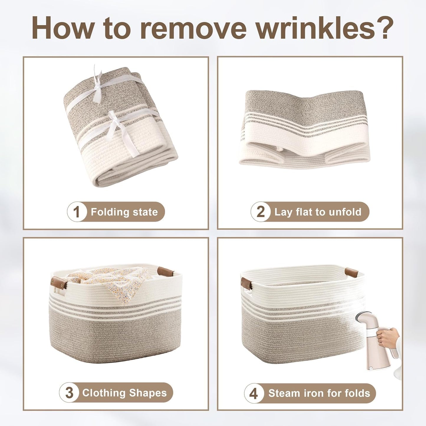 45L Small Laundry Basket with Leather Handles for Living Room Storage, Woven Rope Baskets Bin for Blanket, Kids Toy, Gifts, Wicker Hamper for Bedroom Dirty Clothes, 18"x14"x11" White Grey