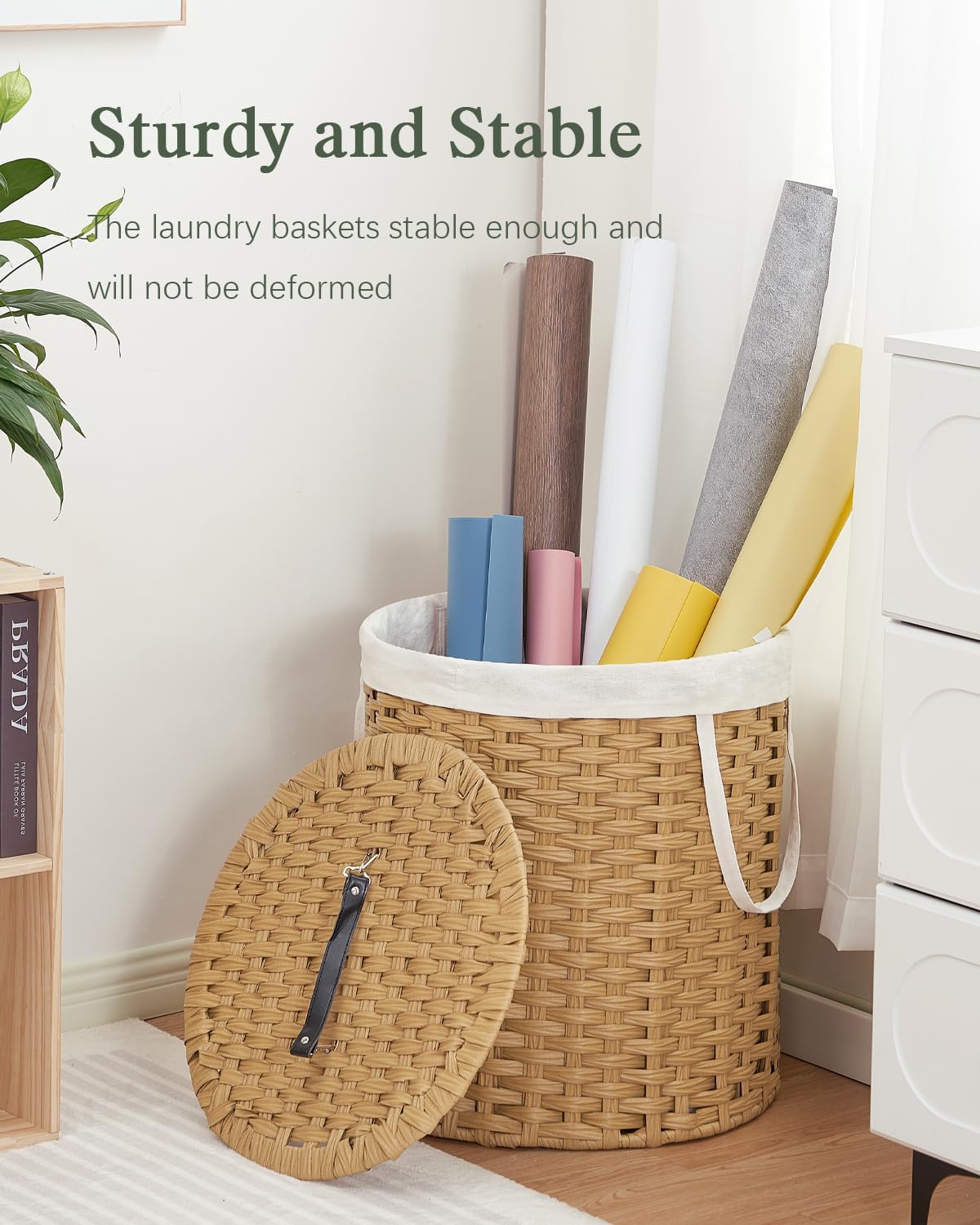 Laundry Hamper with Lid Wicker Laundry Hamper Round 26.5 Gal (100 L) Laundry Basket Handwoven Rattan Laundry Basket with Removable Bag Handles 2 Mesh Bags for Living Room Bedroom Natural