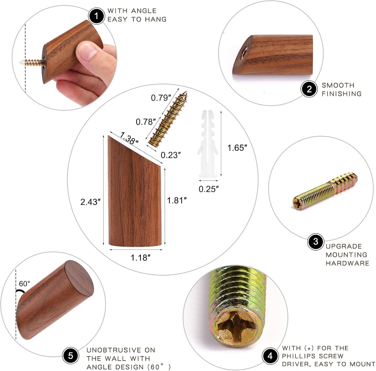 Wood Hooks, 3 Pack Wall Hooks Heavy Duty Rustic Coat Hooks Wall Mounted, Decorative Hooks for Hanging Coats Hats Towels Robes Hat Rack for Wall (Walnut Wood)