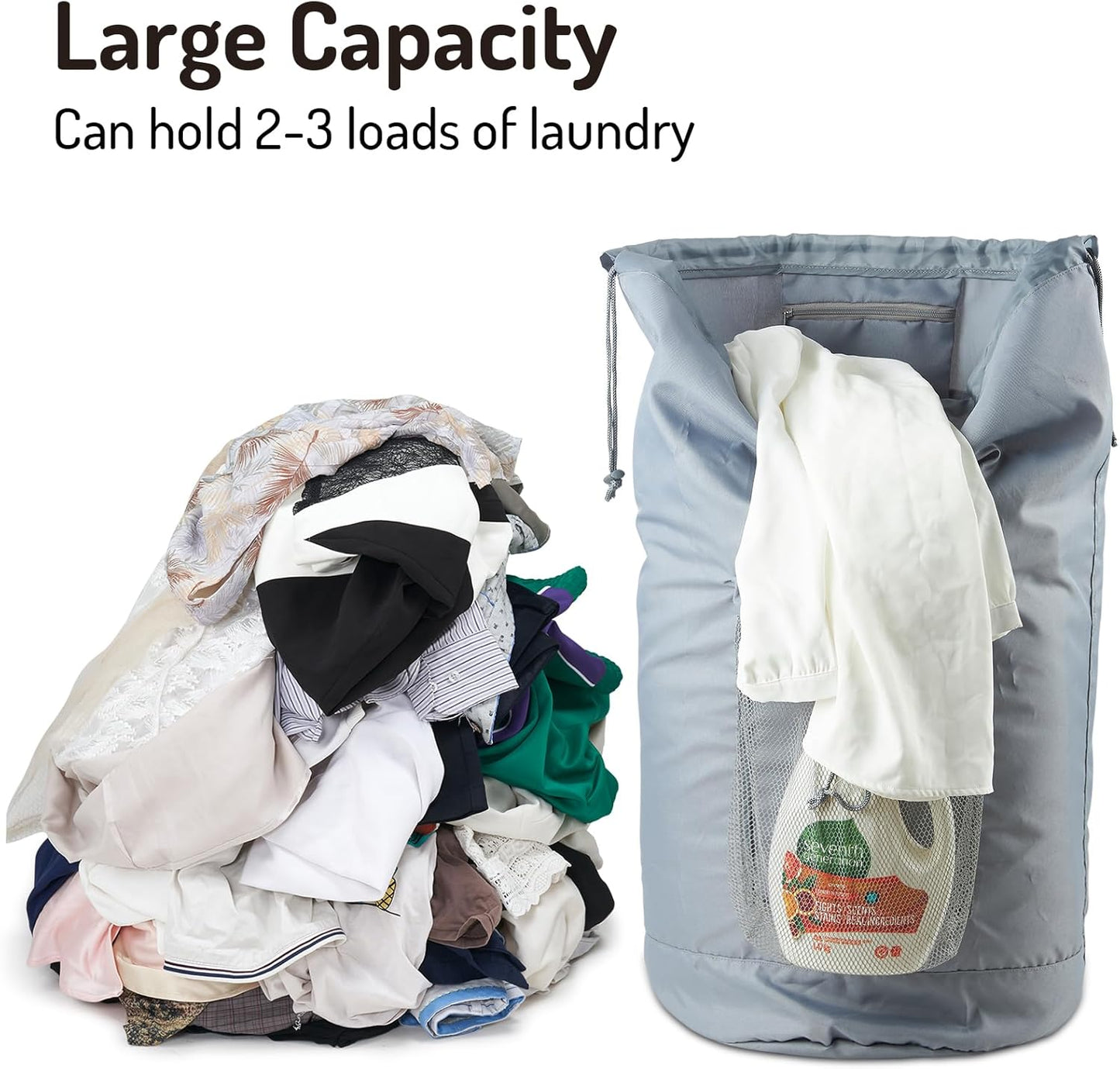 Backpack Laundry Bag, Large Laundry Backpack with Detergent Holder and Adjustable Shoulder Straps for College Travel Dorm Room (Gray)