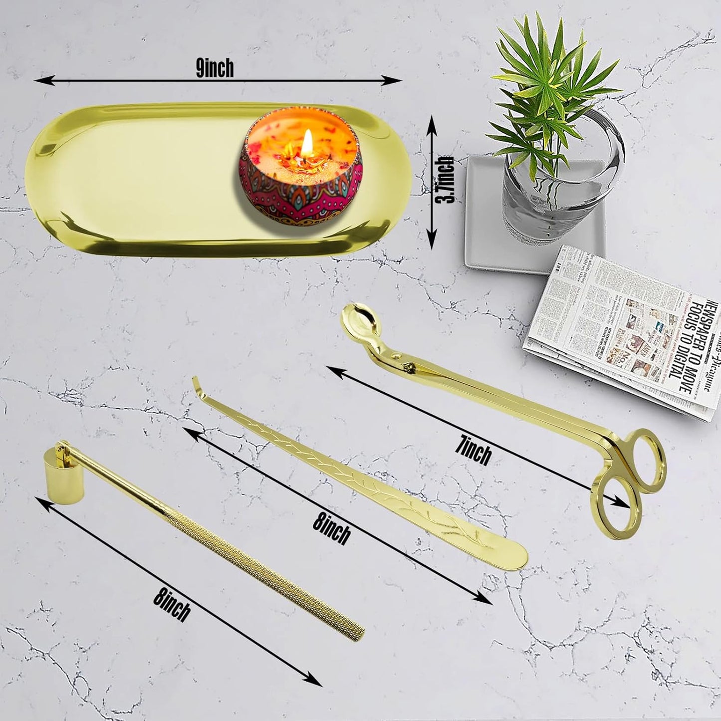 4 in1 Candle Accessory Set with Storage Tray Plate, Candle Wick Trimmer, Candle Wick Snuffer, Candle Wick Dipper, Great for Scented Candles Lovers (Gold)
