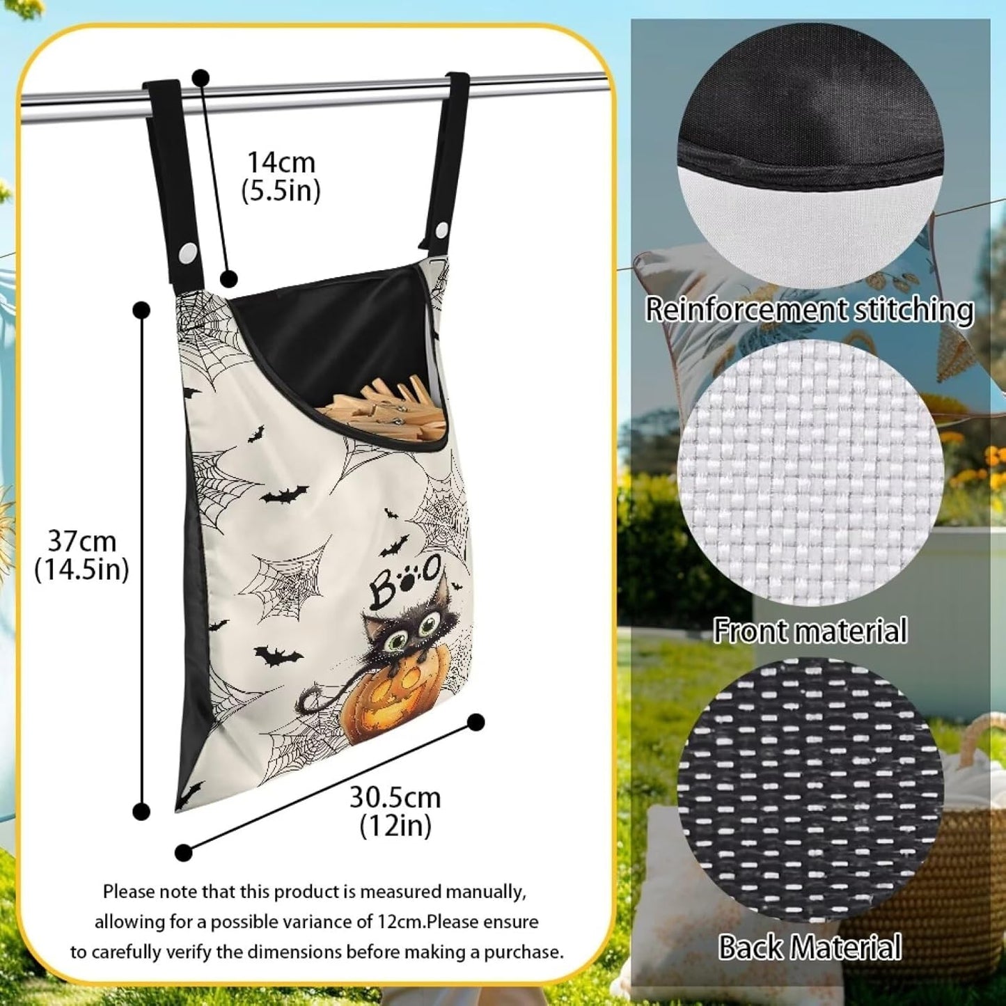 Cute Cat Space-Saving Laundry Clothespin Bag Pumpkin Waterproof Polyester Material, 2 Rope for Hanging and Effortlessly Sliding on The Clothesline Clothespin Holder for Outdoor