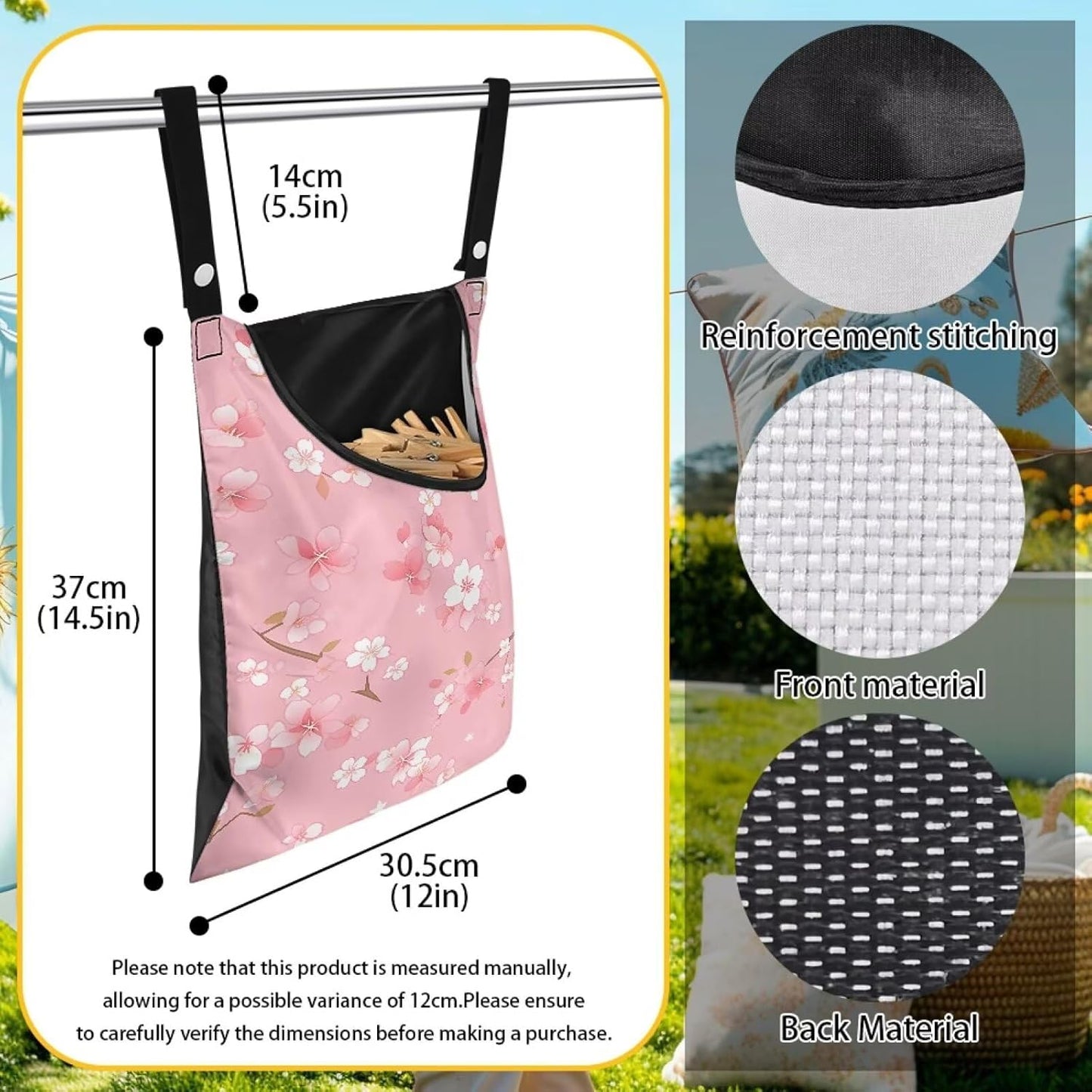 Clothespin Bag, Hanging Laundry Bag, Clothes Lines for Hanging Clothes Outside, Hanging Storage Organizer with Hanging Rope for Home Outdoor - Cherry Blossom Pink