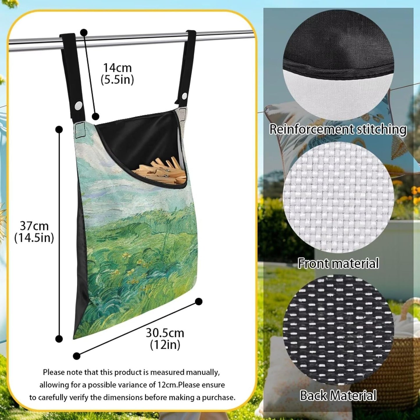 Green Wheat Field Print Windproof Clothespin Holder Bag for Outdoor Use - Durable Storage Organizer with Secure Closure - Hanging Clothes Pin Bag for Laundry & Drying Lines