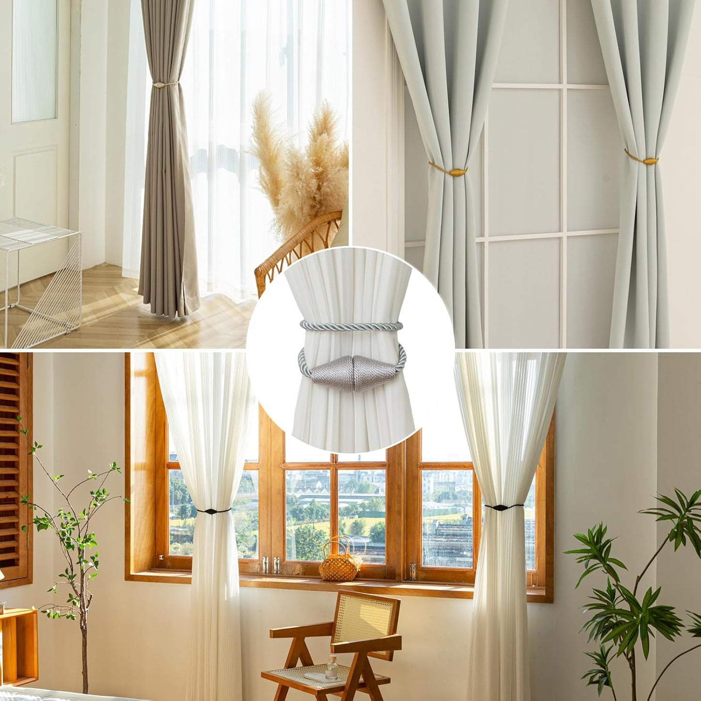 Magnetic Curtain Tiebacks 6 Pack Outdoor Rope Curtain Tie Backs Decorative Window Treatment Holdbacks for Home Decorative Curtain, Grey