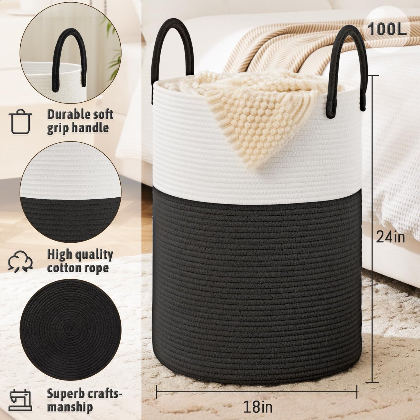 Laundry Basket,Woven Cotton Rope Laundry Hamper,100L for Decorative Storage of Dirty Clothes,Toys and Blankets in Bathroom,Baby Room and Living Room