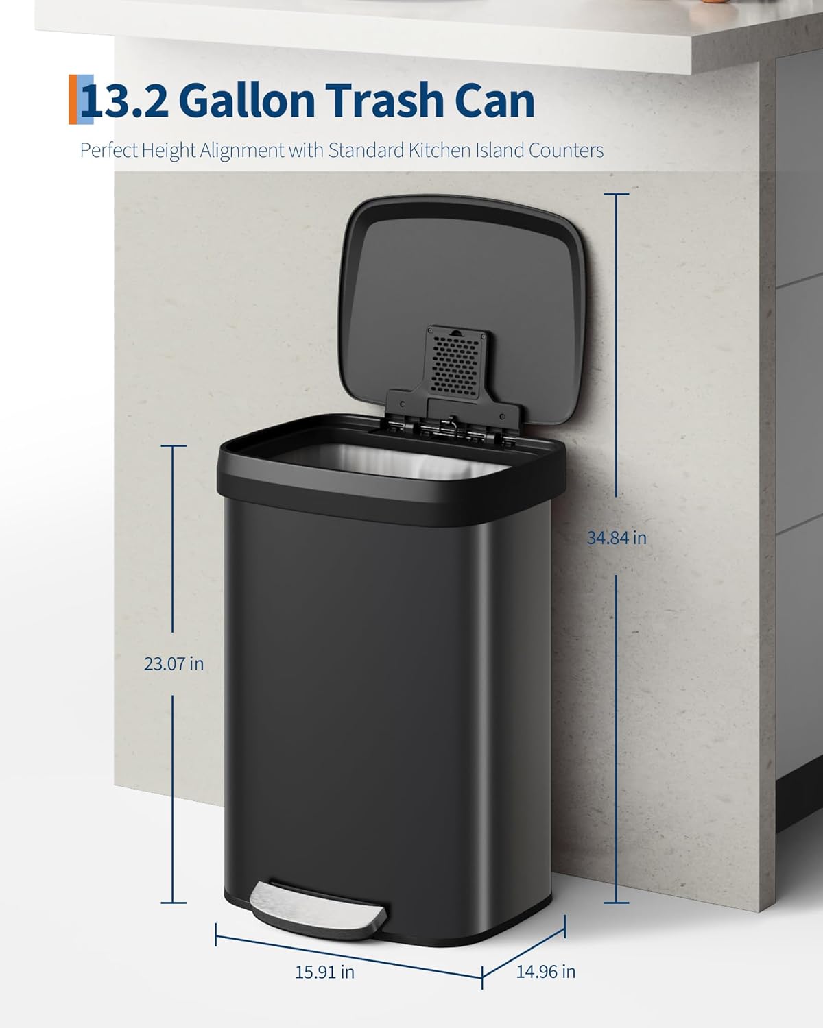 Garvee 13 Gallon / 50 Liter Metal Trash Can with Lid, Large Garbage Can for Kitchen, Rustproof Step-on Kitchen Metal Trash Bin with Liner Rim, Rear Handle, Soft Close Plastic Lid, Black