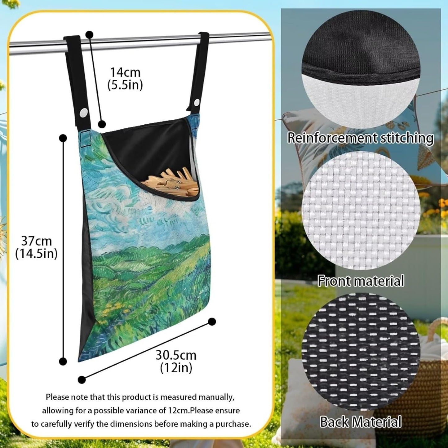 Van Gogh Wheatfield Laundry Clothespin Bags Hanging Storage Organizer 12 x 14.5 Inch Clothes Pin Bag Waterproof Clothespin Bag Clothespin Holder Large Opening and Hanging Rope