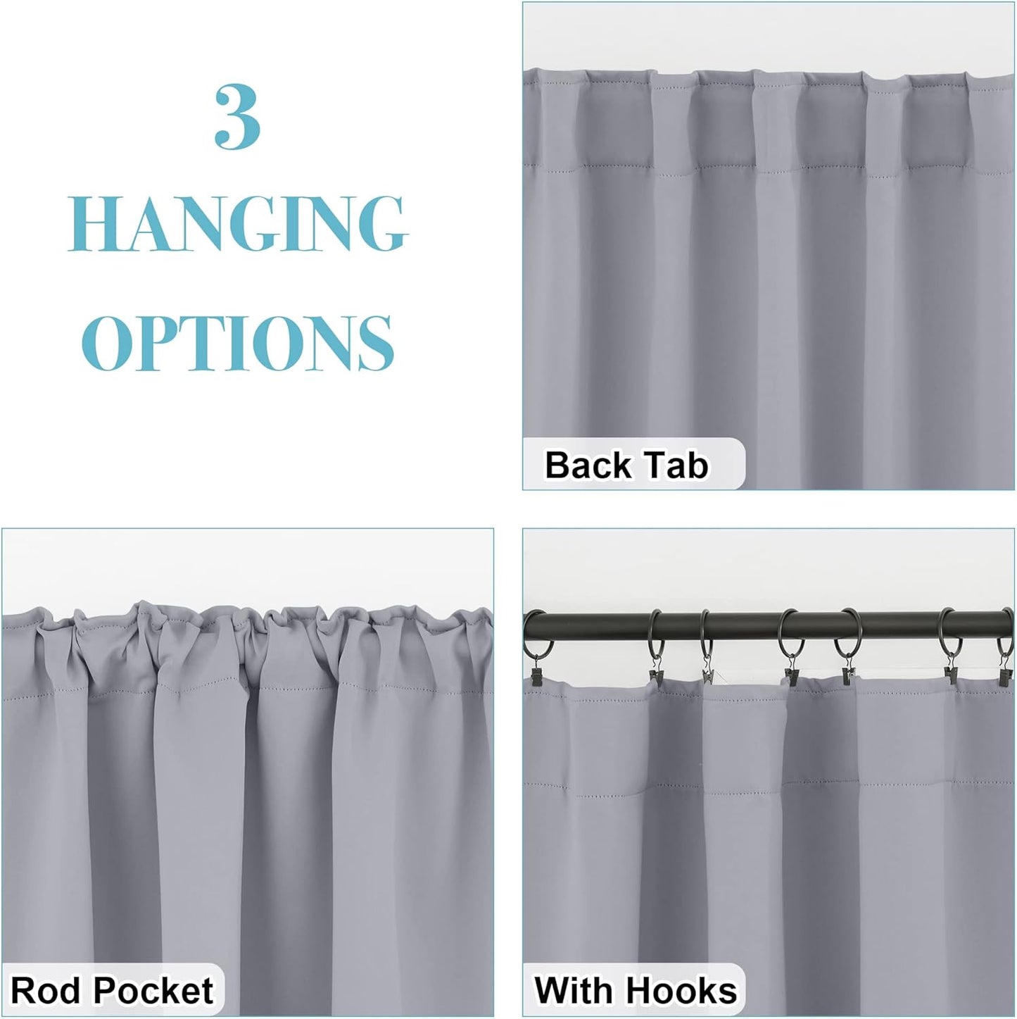 RYB HOME Bedroom Curtains, Room Darkening Thermal Insulated Curtain Back Tab Pleat Drapes Decent Window Treatment for Home Office Playroom Living Room, W42 x L63 inches, Sliver Grey, 2 Panels