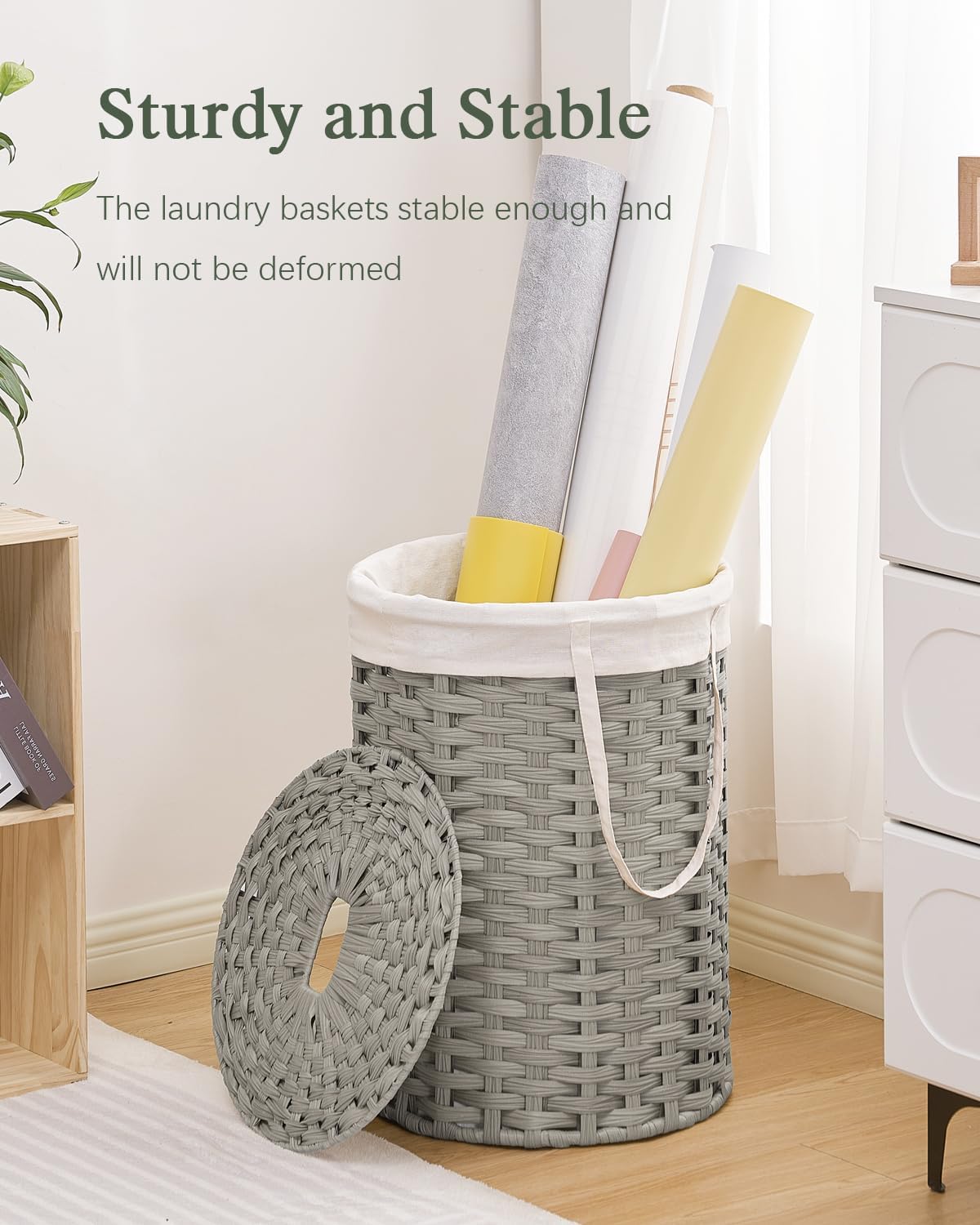 Laundry Hamper with Lid Laundry Basket with Lid 19.0 Gal (72 L) Round Laundry Basket Handwoven Rattan Basket with Lid Removable Bag 2 Mesh Bags Handles for Living Room Bathroom Gray
