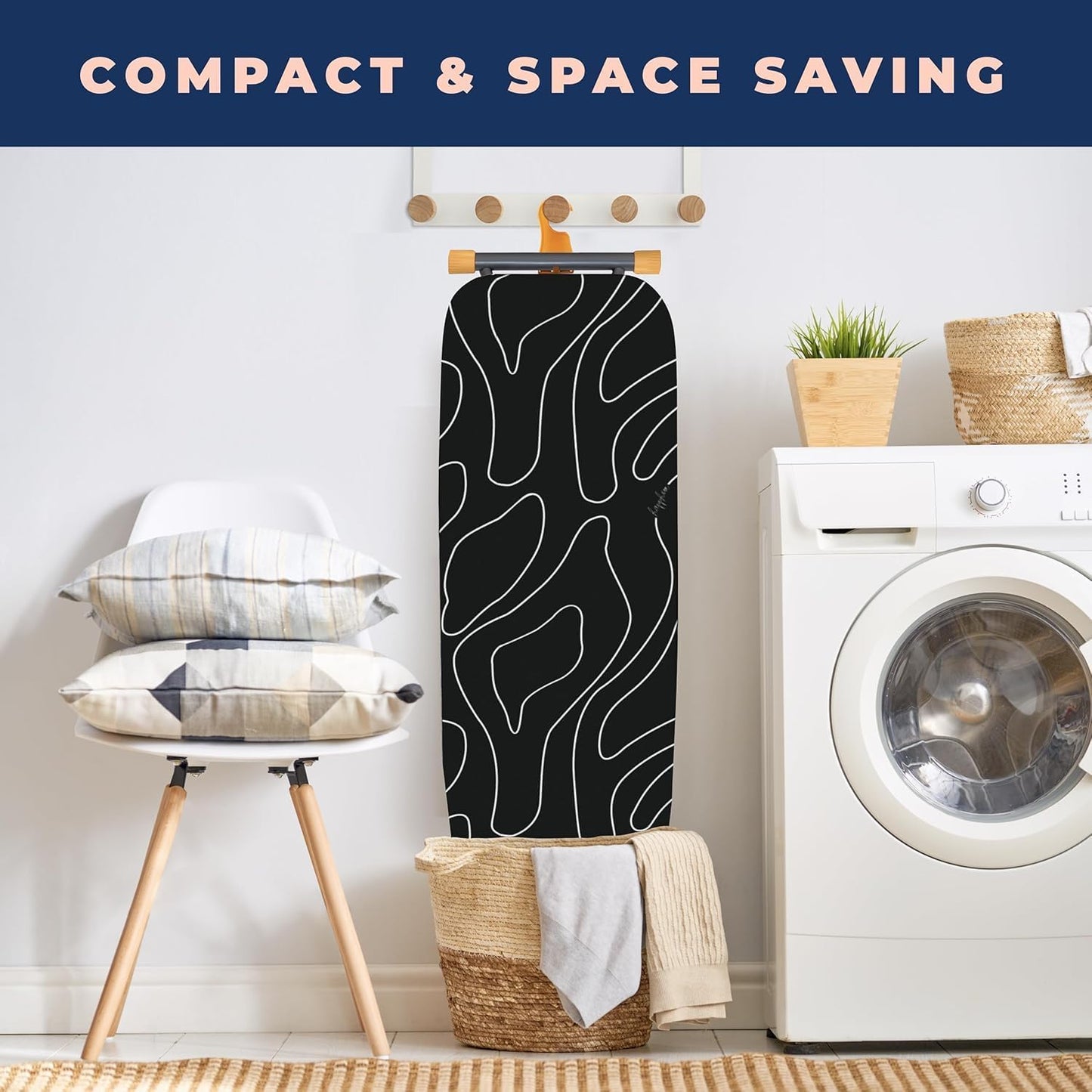 Ironing Board, Compact and Space Saver Ironing Board with Extra Thick 3 Layers Cover, Height Adjustable, Easy Storage with Smart Hanger and Heavy Duty Steel Legs, Black (13x43)