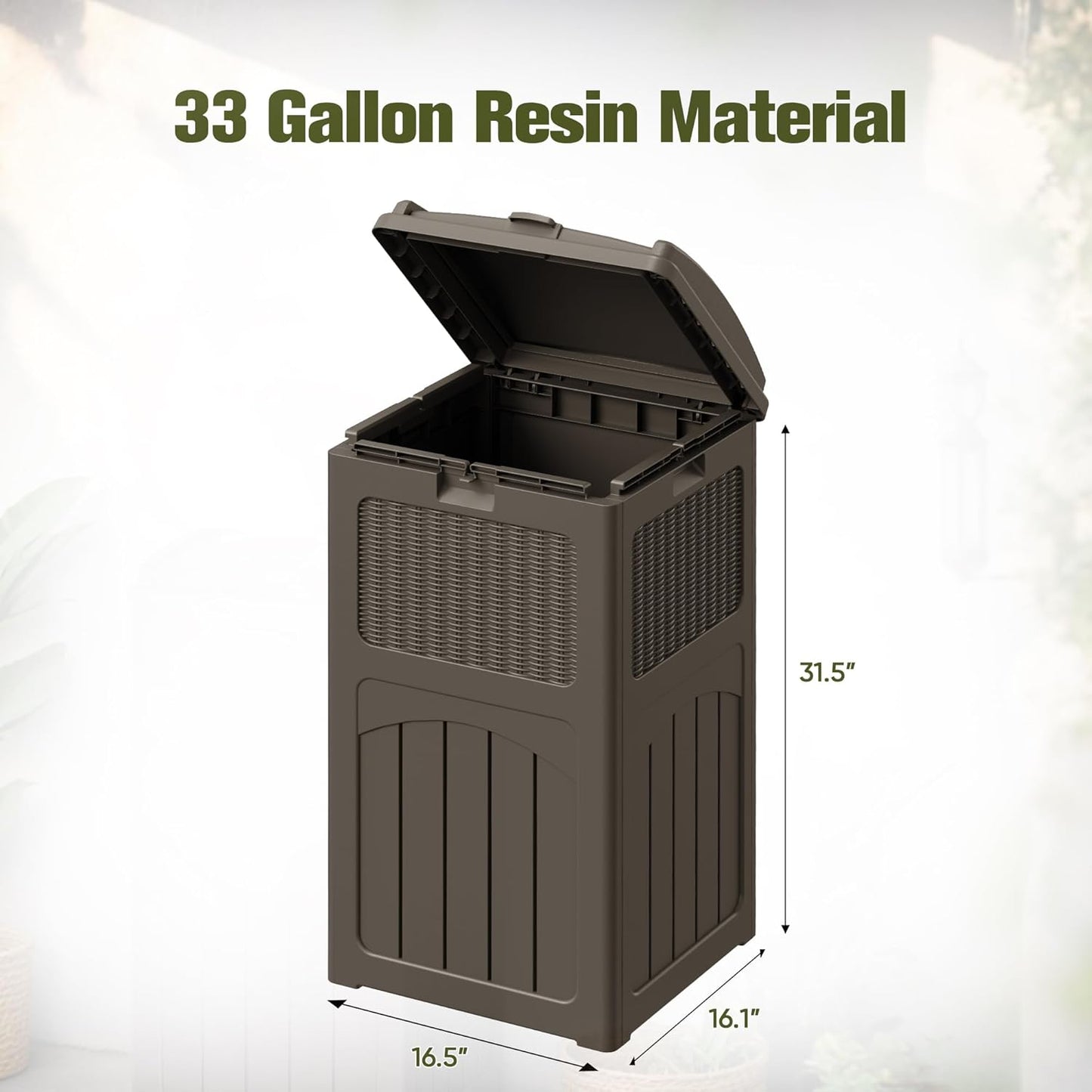 Devoko 33 Gallon Outdoor Trash Can, Hideaway Garbage Bins with Tiered Lid, Waterproof Resin Outside Waste Bins for Patio, Outside Pool, Backyard and Deck(1, Deep Brown)